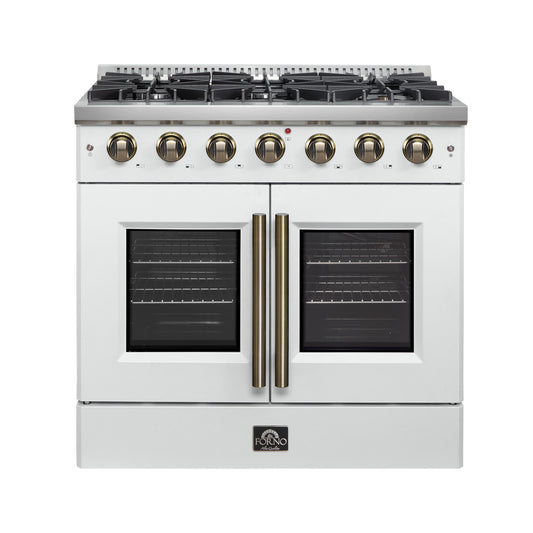 Forno Galiano 36-inch French Door Gas Range White and Antique Brass Design, 6 Sealed Burners 83,000 BTU, 5.36 cu.ft. Convection Oven - Forno Appliances