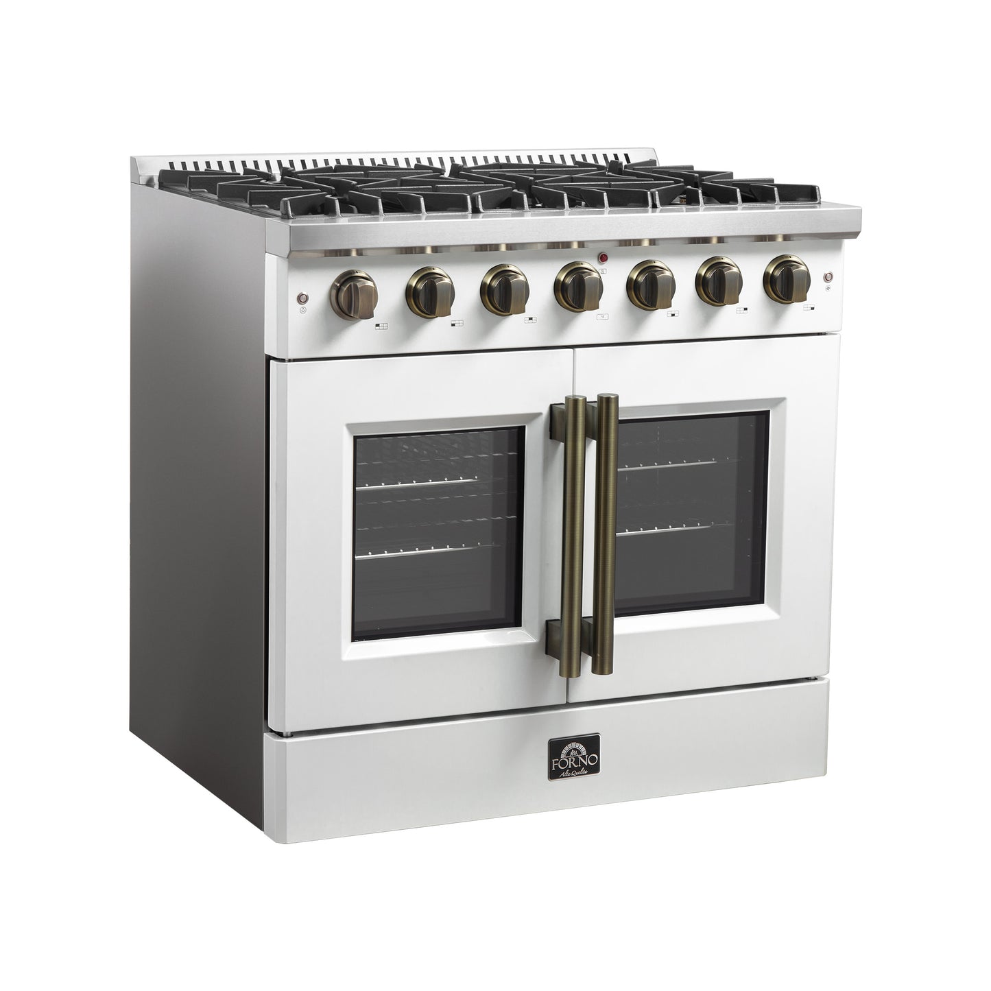 Forno Galiano 36-inch French Door Gas Range White and Antique Brass Design, 6 Sealed Burners 83,000 BTU, 5.36 cu.ft. Convection Oven - Forno Appliances
