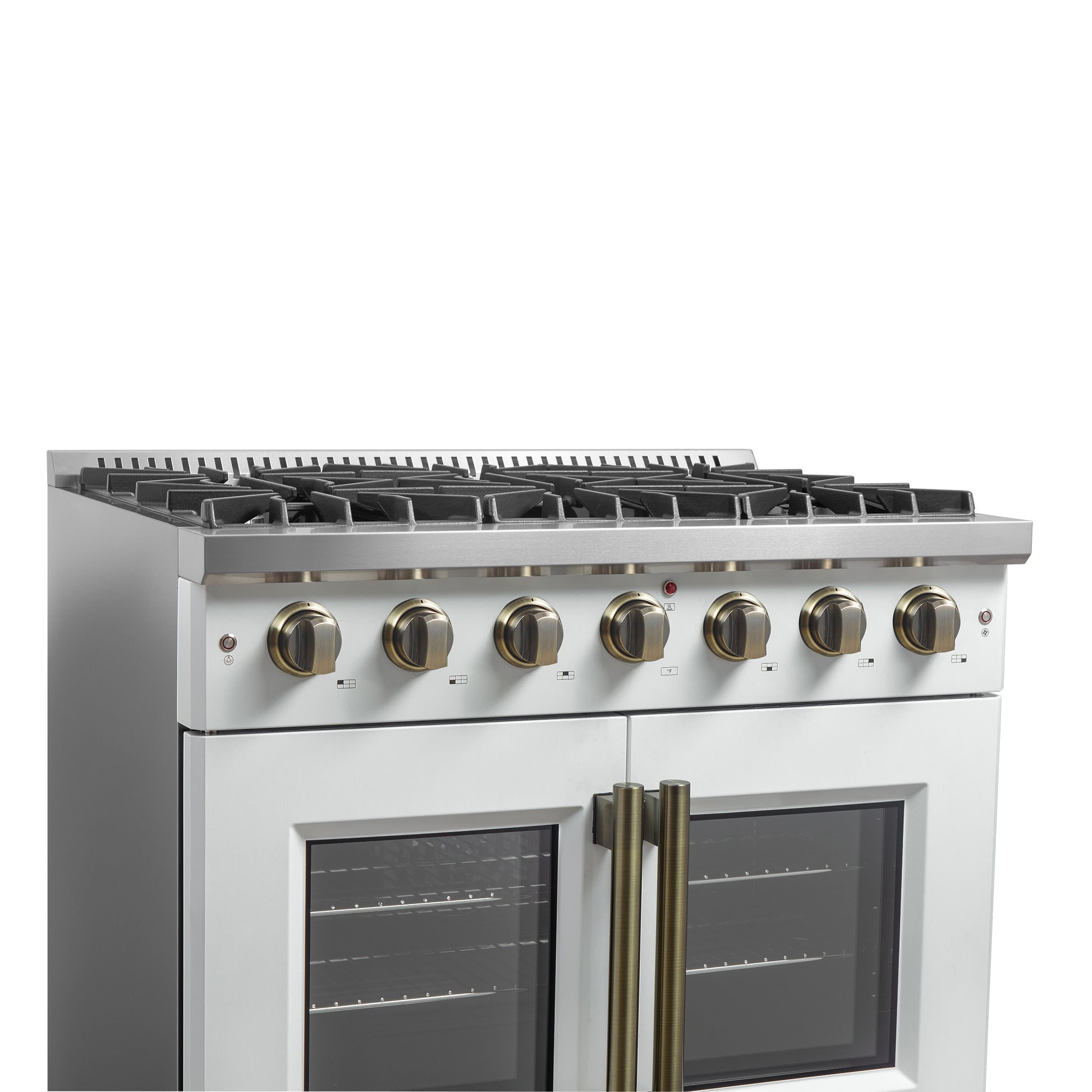 Forno Galiano 36-inch French Door Gas Range White and Antique Brass Design, 6 Sealed Burners 83,000 BTU, 5.36 cu.ft. Convection Oven - Forno Appliances