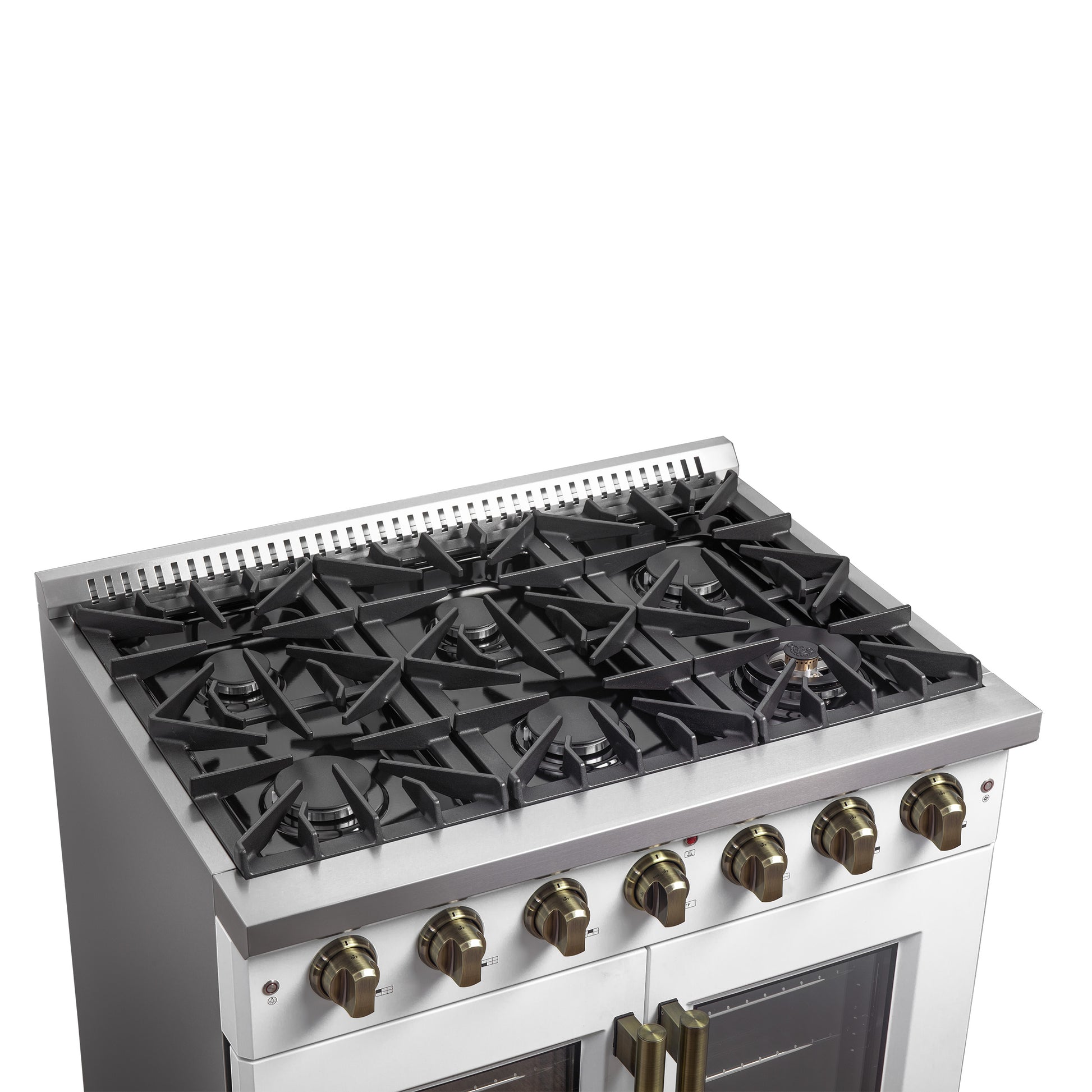 Forno Galiano 36-inch French Door Gas Range White and Antique Brass Design, 6 Sealed Burners 83,000 BTU, 5.36 cu.ft. Convection Oven - Forno Appliances