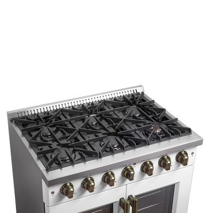 Forno Galiano 36-inch French Door Gas Range White and Antique Brass Design, 6 Sealed Burners 83,000 BTU, 5.36 cu.ft. Convection Oven - Forno Appliances