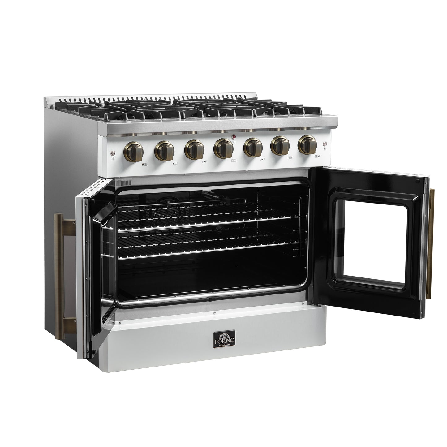 Forno Galiano 36-inch French Door Gas Range White and Antique Brass Design, 6 Sealed Burners 83,000 BTU, 5.36 cu.ft. Convection Oven - Forno Appliances