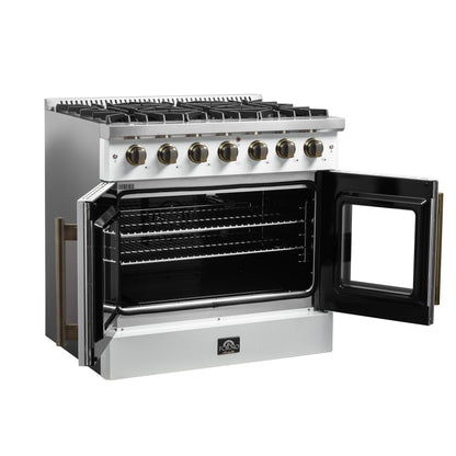 Forno Galiano 36-inch French Door Gas Range White and Antique Brass Design, 6 Sealed Burners 83,000 BTU, 5.36 cu.ft. Convection Oven - Forno Appliances