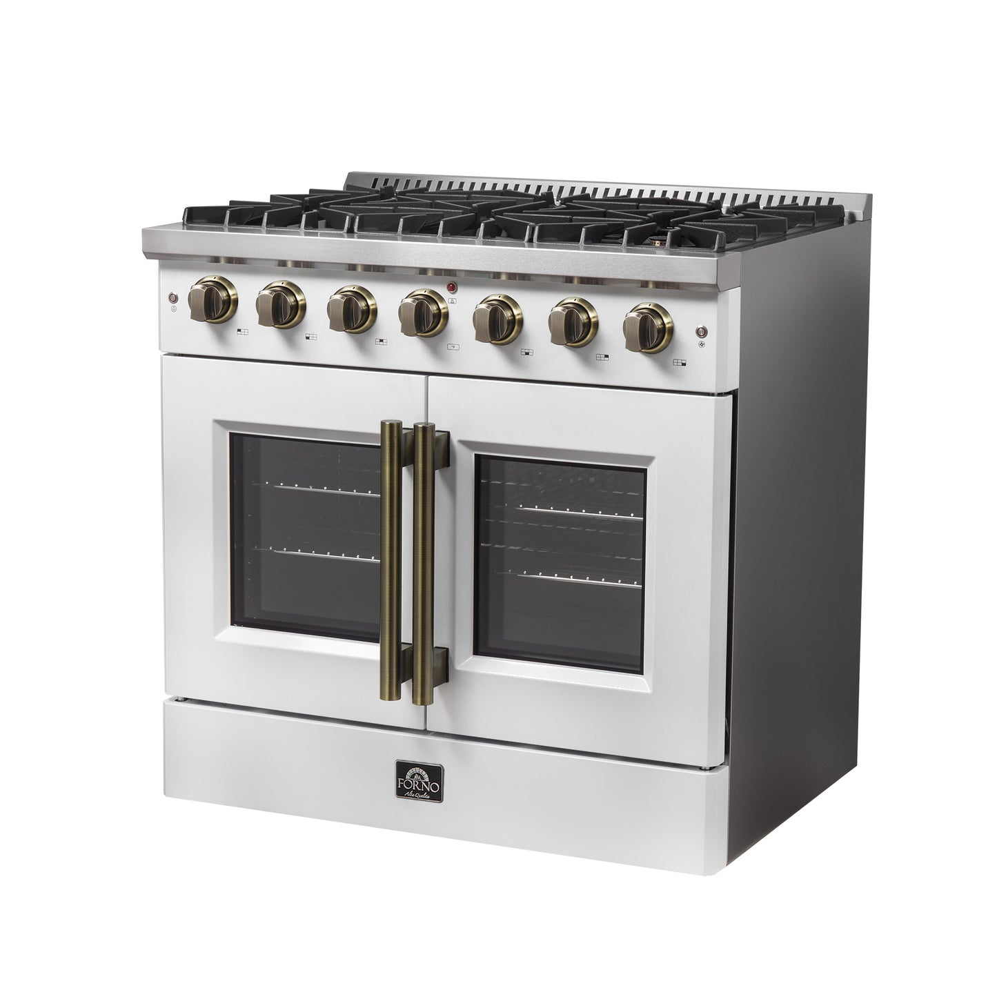 Forno Galiano 36-inch French Door Gas Range White and Antique Brass Design, 6 Sealed Burners 83,000 BTU, 5.36 cu.ft. Convection Oven - Forno Appliances