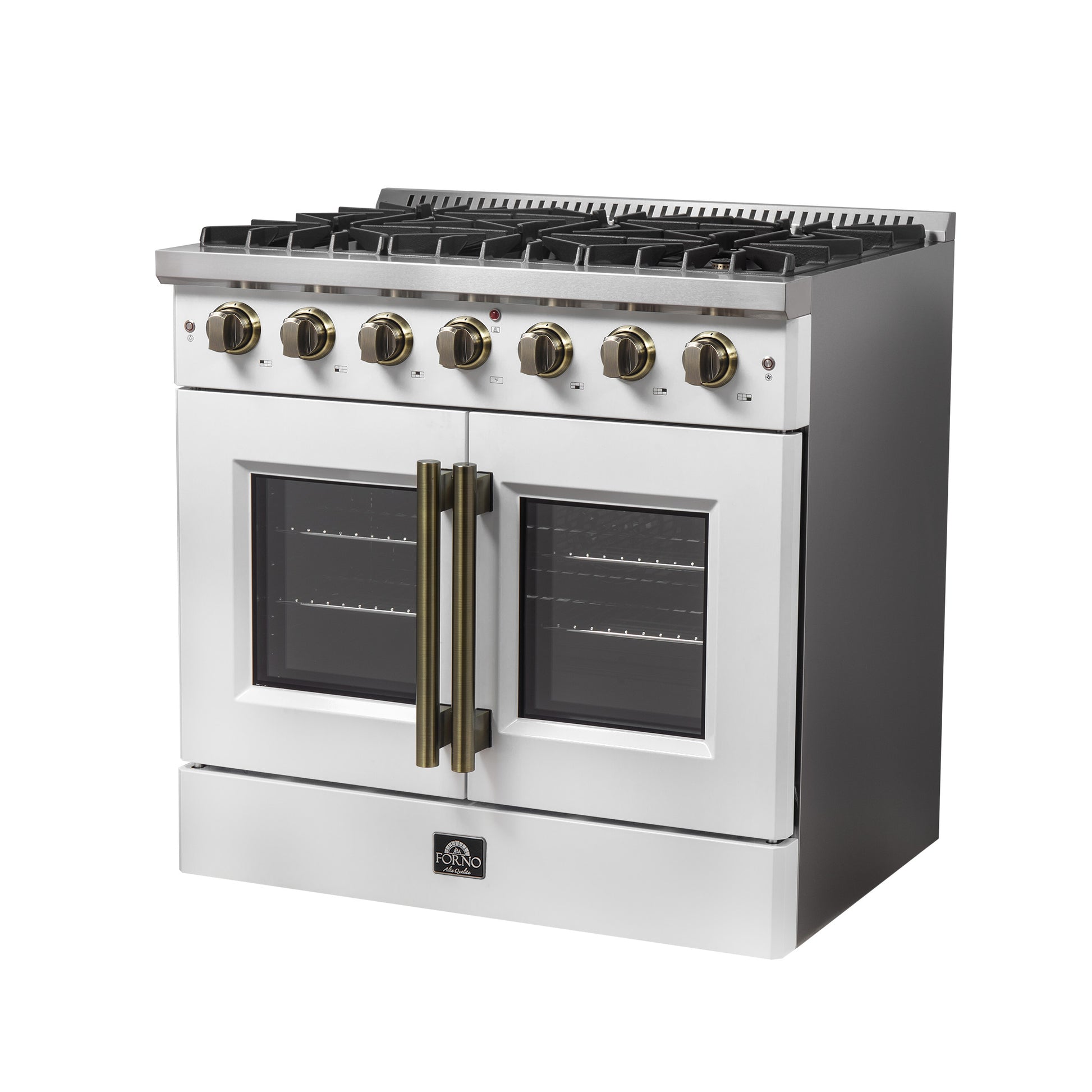 Forno Galiano 36-inch French Door Gas Range White and Antique Brass Design, 6 Sealed Burners 83,000 BTU, 5.36 cu.ft. Convection Oven - Forno Appliances