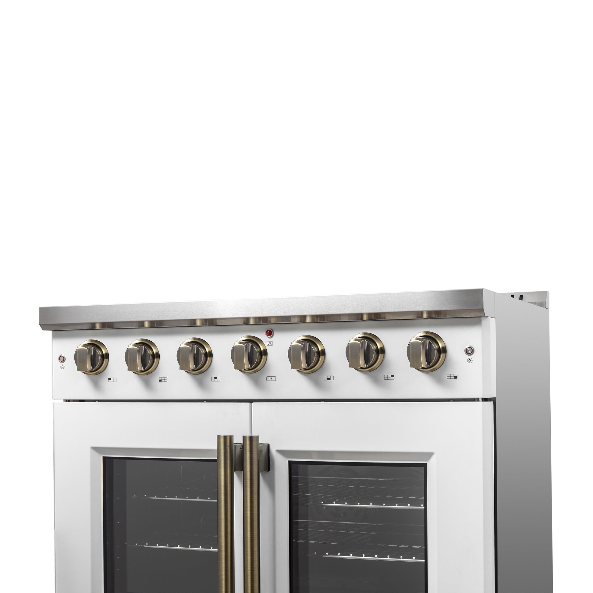 Forno Galiano 36-inch French Door Gas Range White and Antique Brass Design, 6 Sealed Burners 83,000 BTU, 5.36 cu.ft. Convection Oven - Forno Appliances