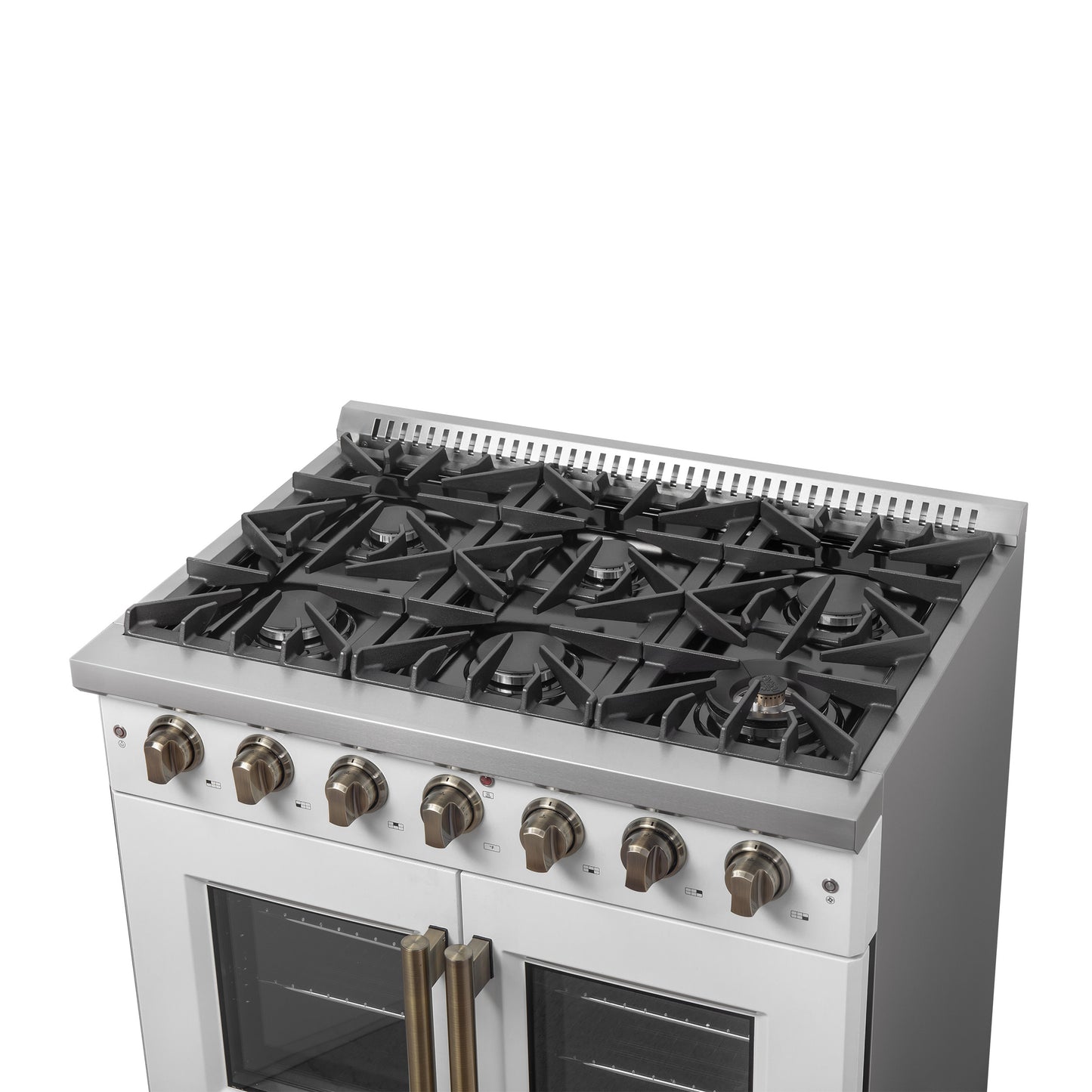 Forno Galiano 36-inch French Door Gas Range White and Antique Brass Design, 6 Sealed Burners 83,000 BTU, 5.36 cu.ft. Convection Oven - Forno Appliances