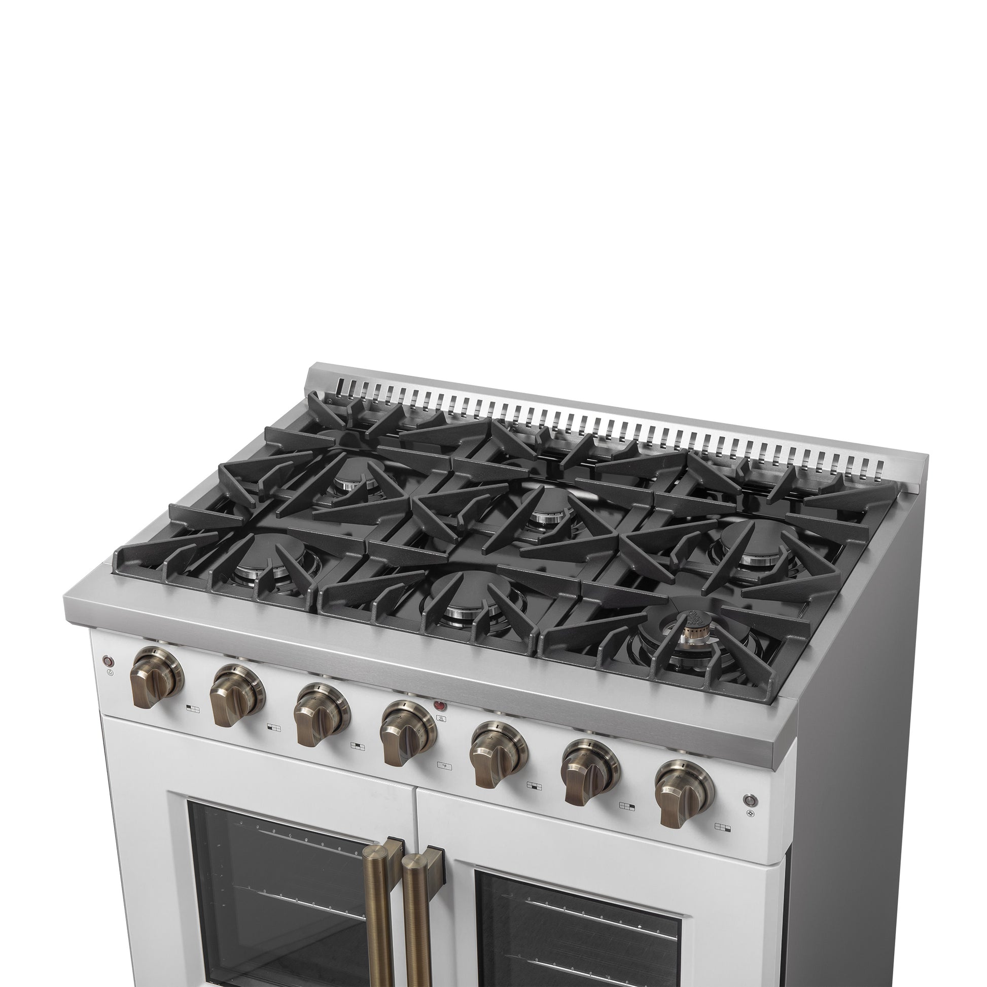 Forno Galiano 36-inch French Door Gas Range White and Antique Brass Design, 6 Sealed Burners 83,000 BTU, 5.36 cu.ft. Convection Oven - Forno Appliances
