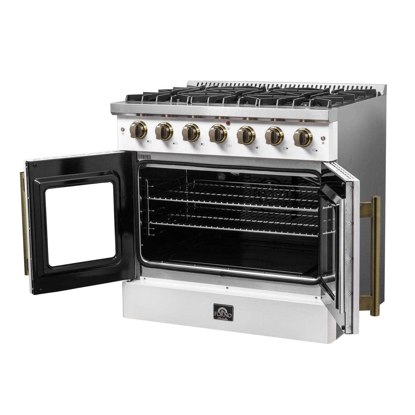 Forno Galiano 36-inch French Door Gas Range White and Antique Brass Design, 6 Sealed Burners 83,000 BTU, 5.36 cu.ft. Convection Oven - Forno Appliances