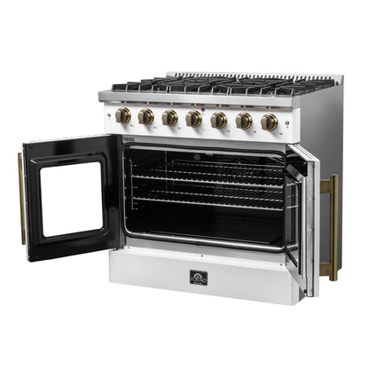 Forno Galiano 36-inch French Door Gas Range White and Antique Brass Design, 6 Sealed Burners 83,000 BTU, 5.36 cu.ft. Convection Oven - Forno Appliances