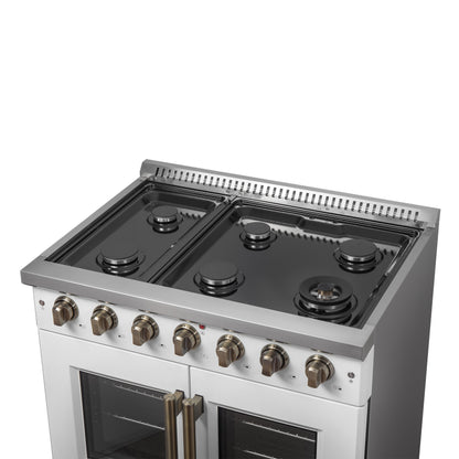 Forno Galiano 36-inch French Door Gas Range White and Antique Brass Design, 6 Sealed Burners 83,000 BTU, 5.36 cu.ft. Convection Oven - Forno Appliances