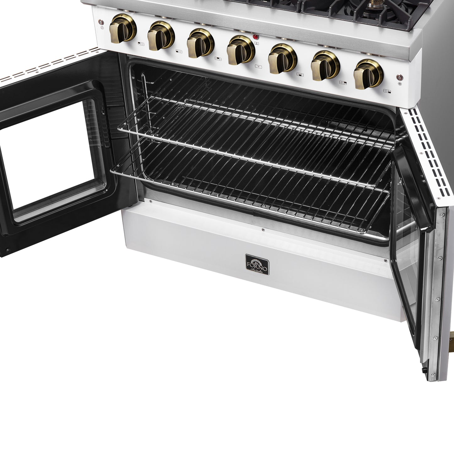 Forno Galiano 36-inch French Door Gas Range White and Antique Brass Design, 6 Sealed Burners 83,000 BTU, 5.36 cu.ft. Convection Oven - Forno Appliances