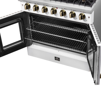 Forno Galiano 36-inch French Door Gas Range White and Antique Brass Design, 6 Sealed Burners 83,000 BTU, 5.36 cu.ft. Convection Oven - Forno Appliances