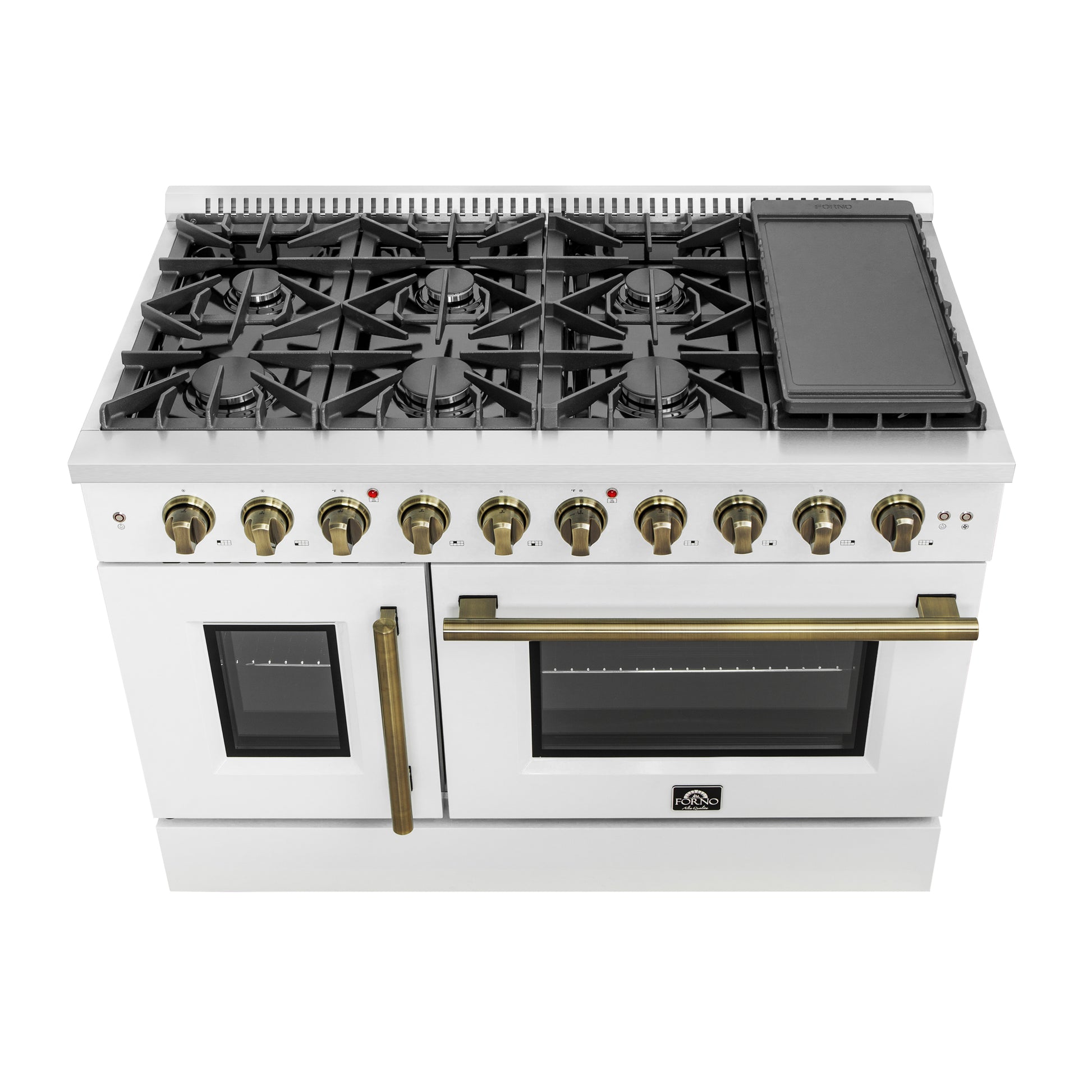 Forno Galiano 48-Inch Freestanding French Door Gas Range, White & Antique Brass - Forno Appliances