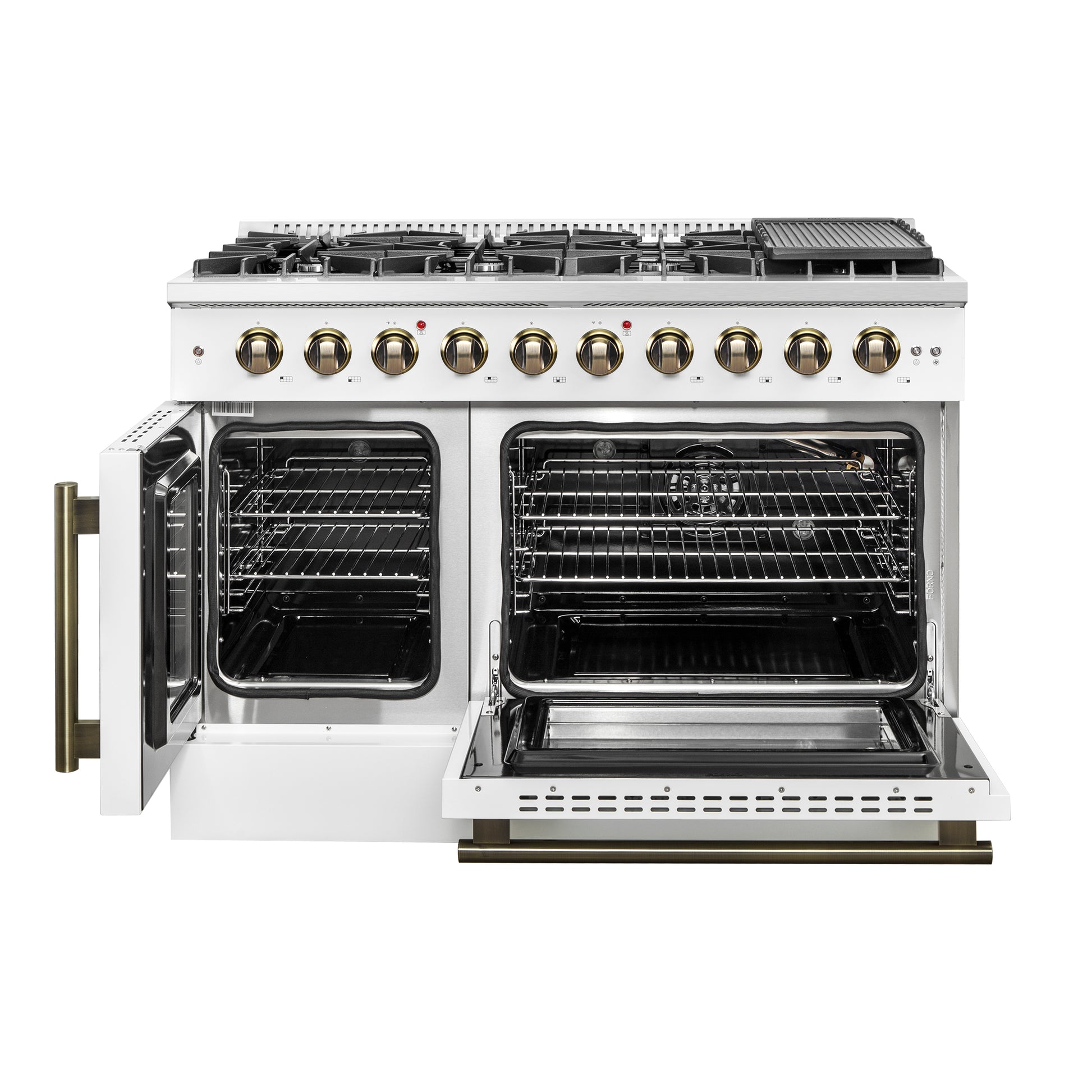 Forno Galiano 48-Inch Freestanding French Door Gas Range, White & Antique Brass - Forno Appliances