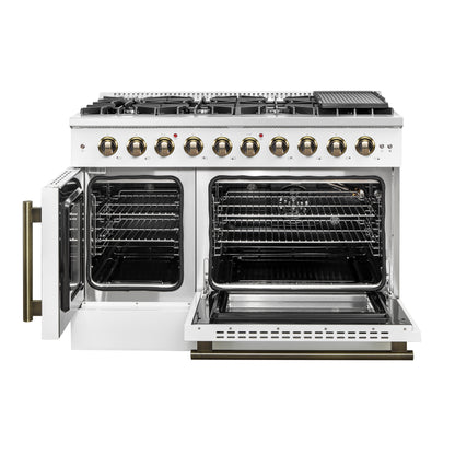 Forno Galiano 48-Inch Freestanding French Door Gas Range, White & Antique Brass - Forno Appliances