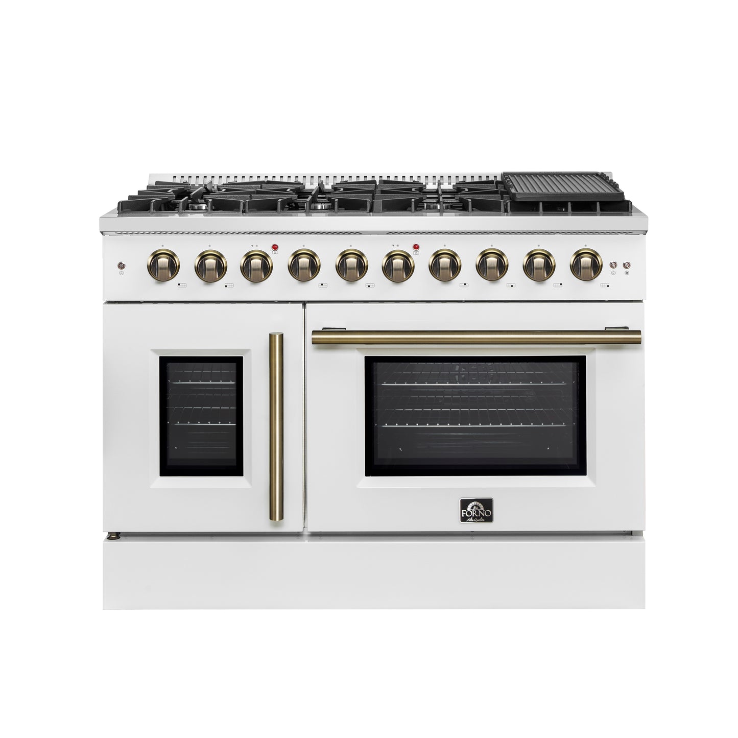 Forno Galiano 48-Inch Freestanding French Door Gas Range, White & Antique Brass - Forno Appliances