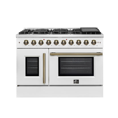 Forno Galiano 48-Inch Freestanding French Door Gas Range, White & Antique Brass - Forno Appliances