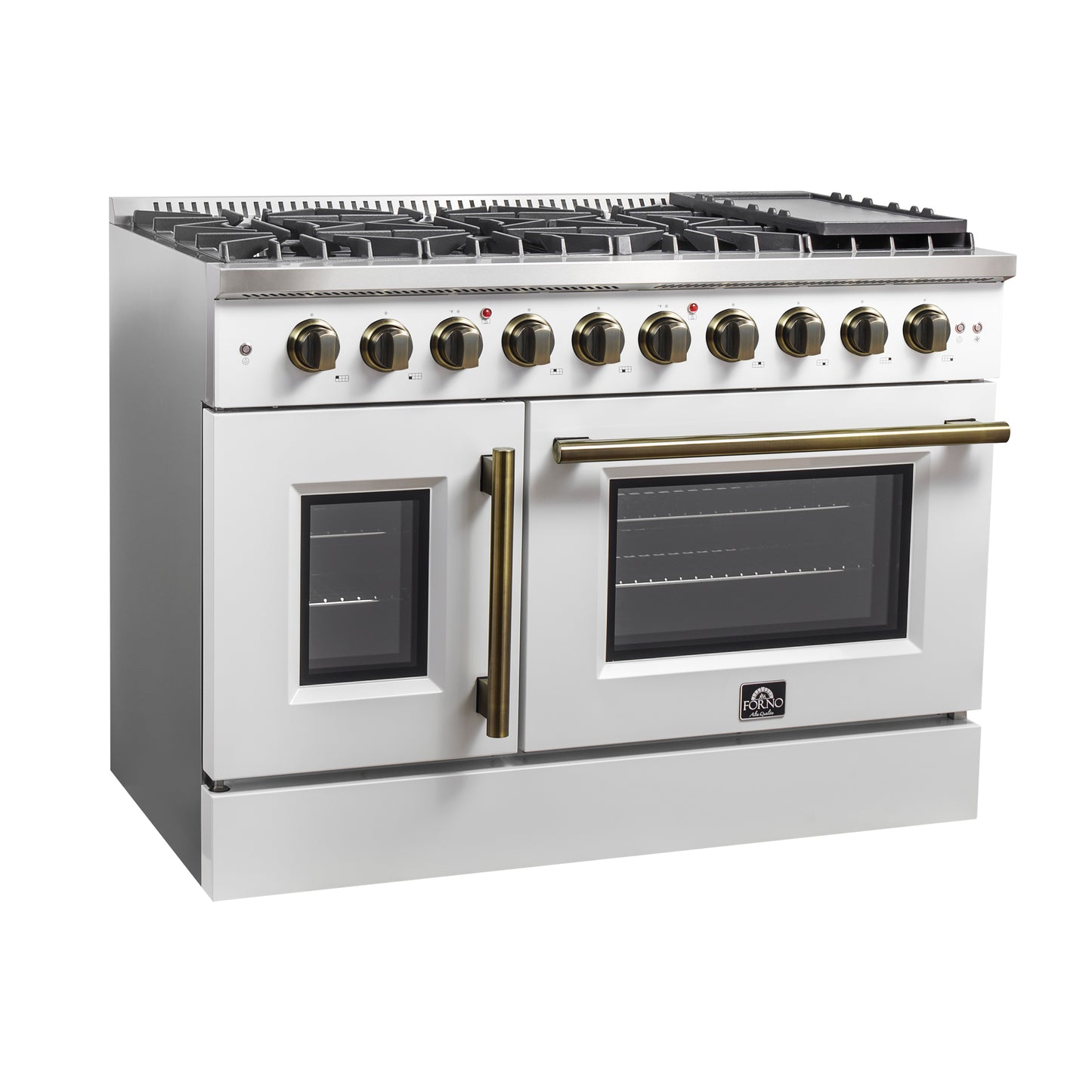 Forno Galiano 48-Inch Freestanding French Door Gas Range, White & Antique Brass - Forno Appliances