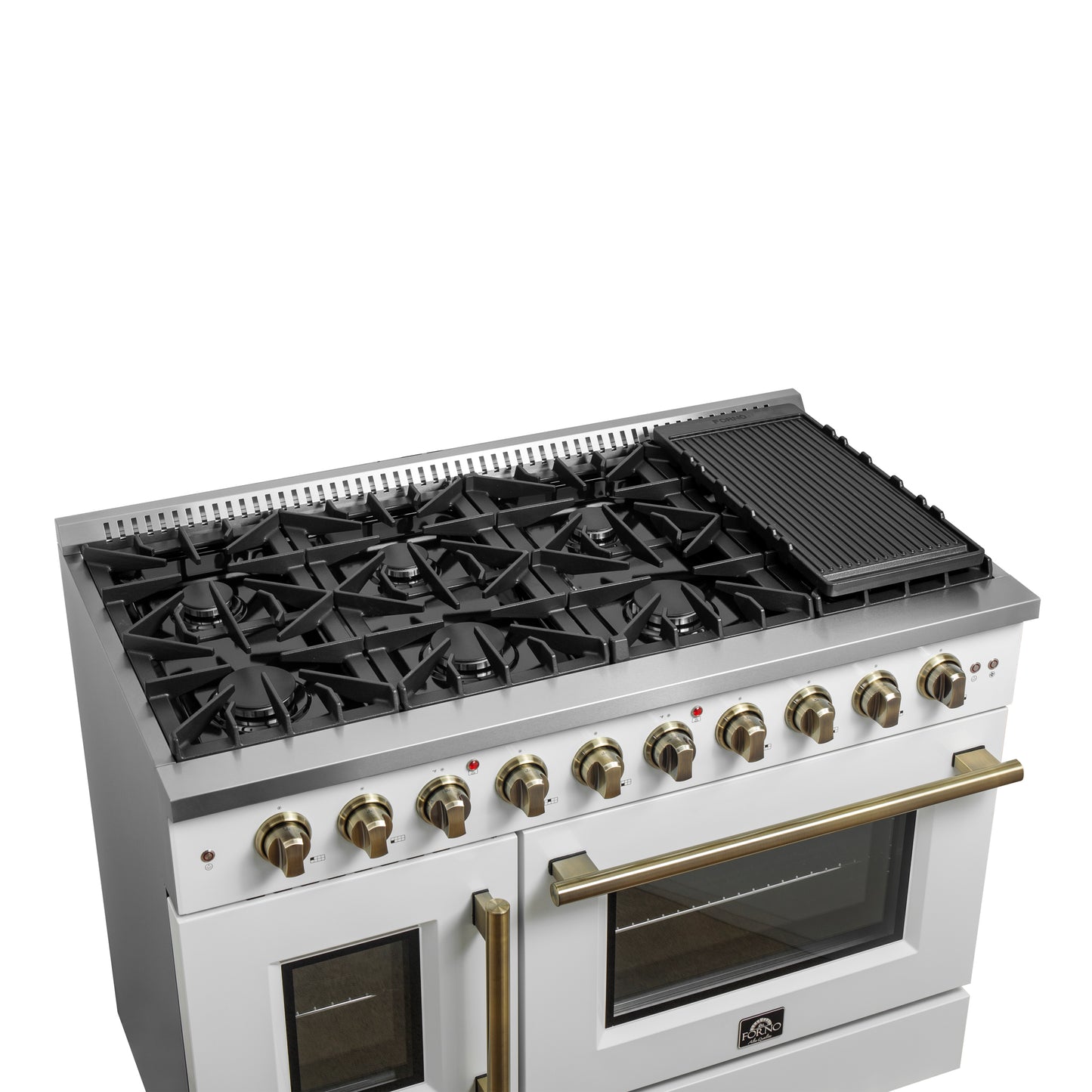 Forno Galiano 48-Inch Freestanding French Door Gas Range, White & Antique Brass - Forno Appliances