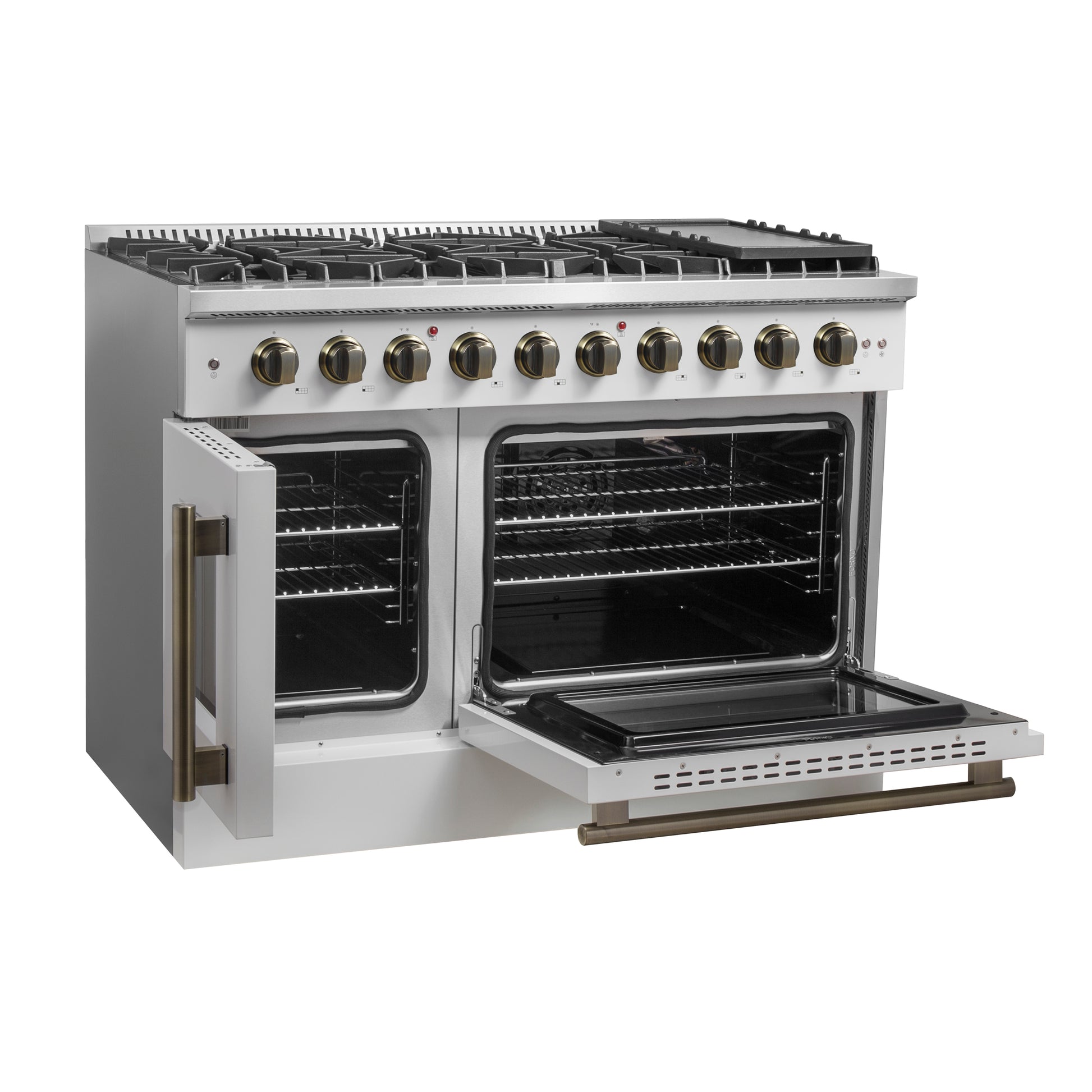 Forno Galiano 48-Inch Freestanding French Door Gas Range, White & Antique Brass - Forno Appliances
