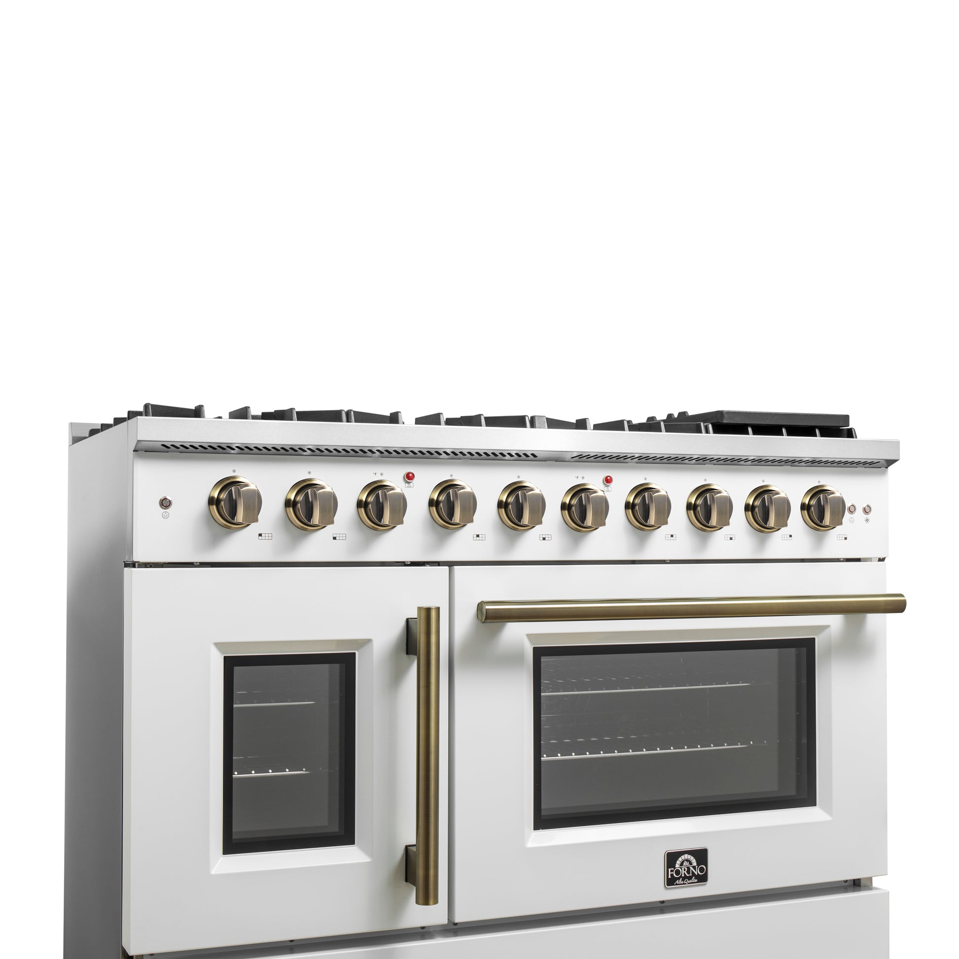 Forno Galiano 48-Inch Freestanding French Door Gas Range, White & Antique Brass - Forno Appliances