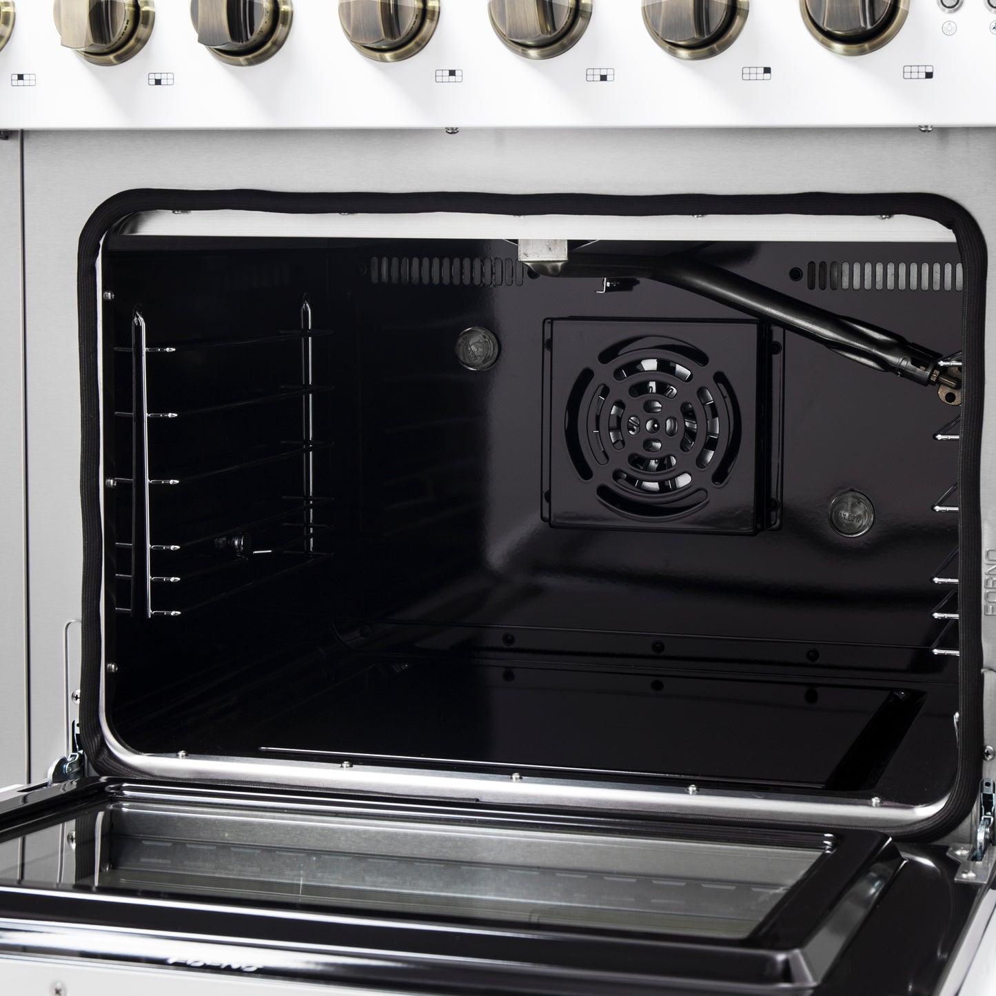 Forno Galiano 48-Inch Freestanding French Door Gas Range, White & Antique Brass - Forno Appliances