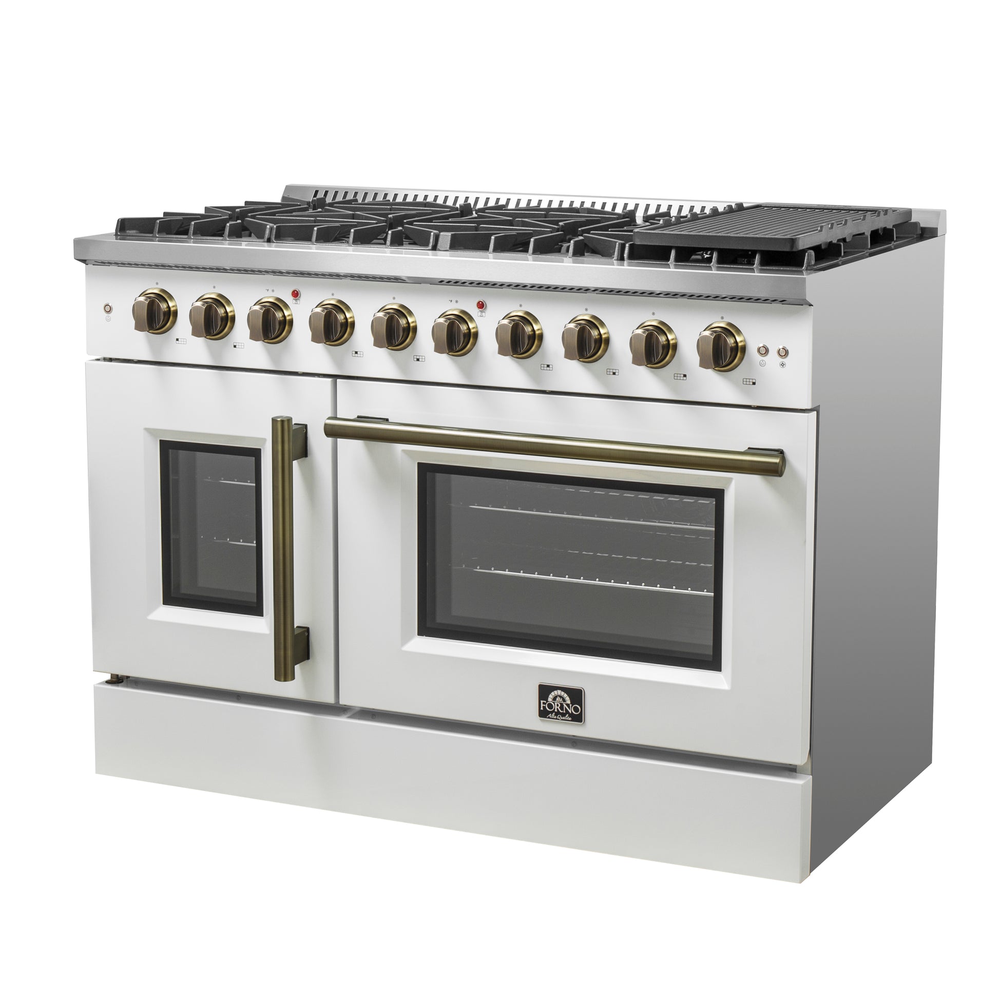 Forno Galiano 48-Inch Freestanding French Door Gas Range, White & Antique Brass - Forno Appliances