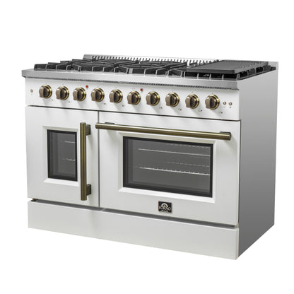 Forno Galiano 48-Inch Freestanding French Door Gas Range, White & Antique Brass - Forno Appliances