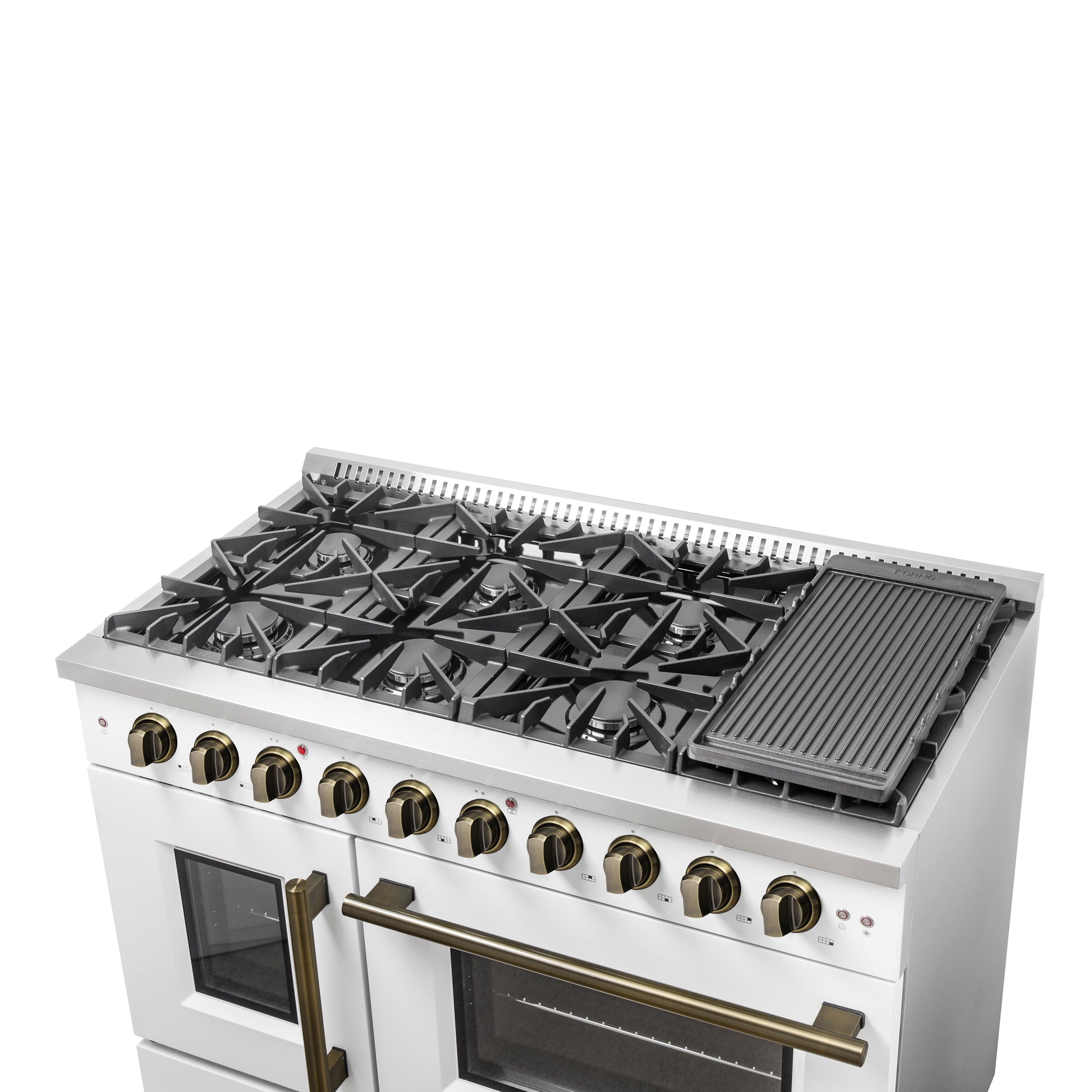 Forno Galiano 48-Inch Freestanding French Door Gas Range, White & Antique Brass - Forno Appliances
