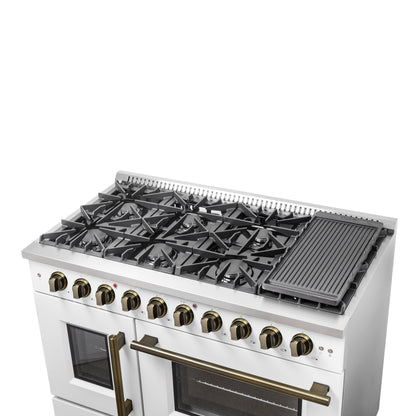 Forno Galiano 48-Inch Freestanding French Door Gas Range, White & Antique Brass - Forno Appliances