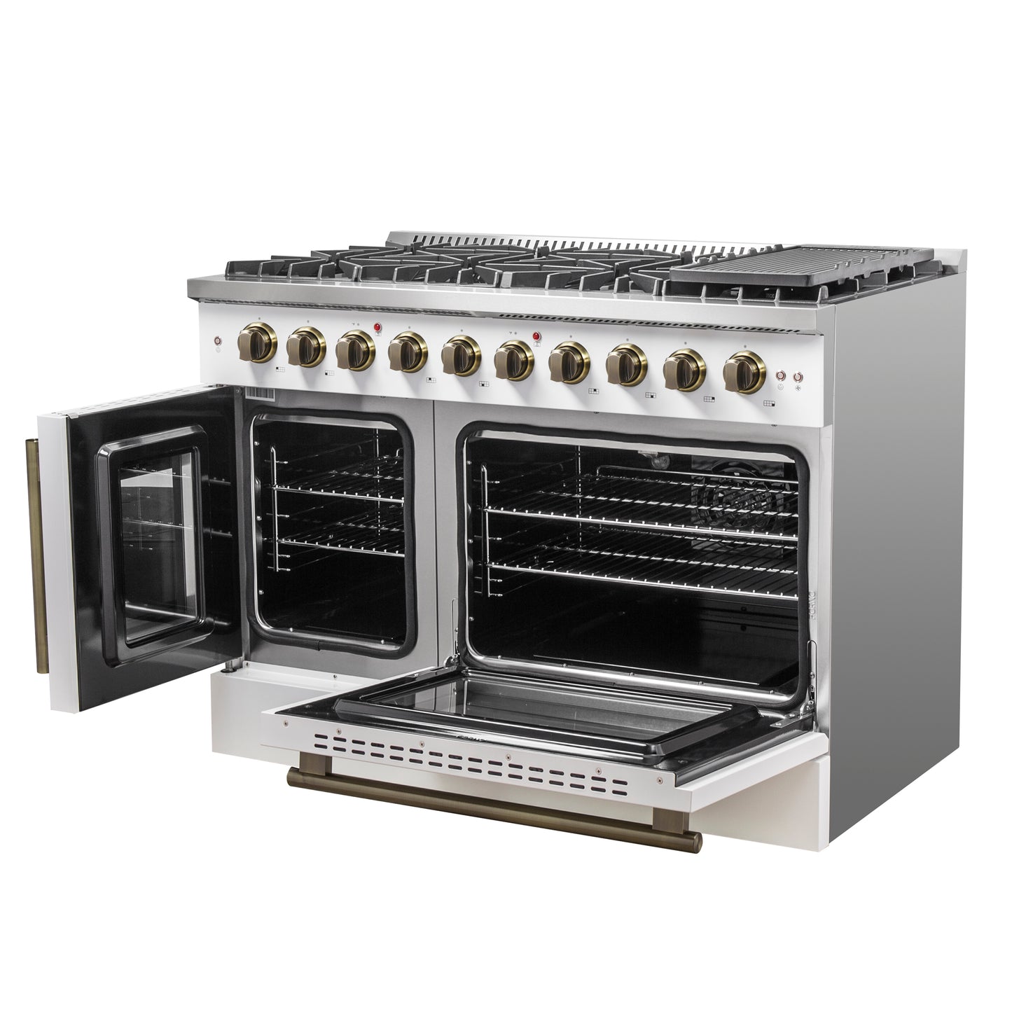 Forno Galiano 48-Inch Freestanding French Door Gas Range, White & Antique Brass - Forno Appliances