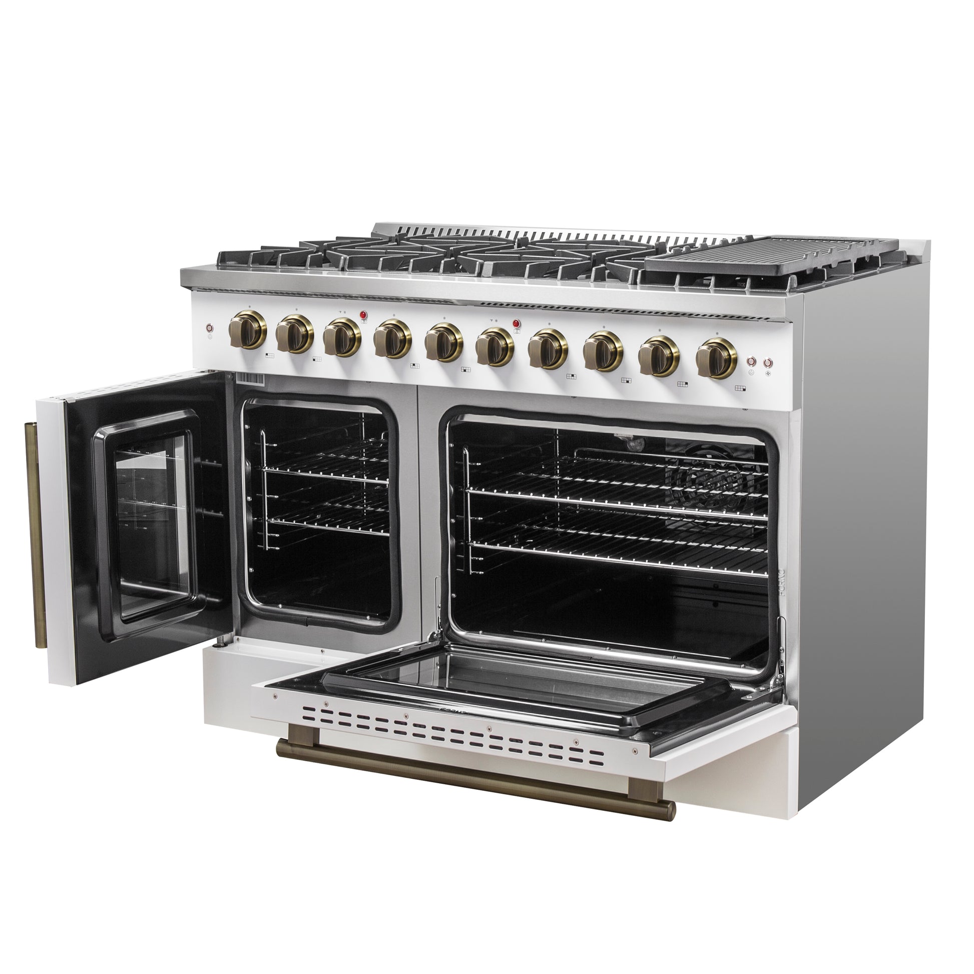 Forno Galiano 48-Inch Freestanding French Door Gas Range, White & Antique Brass - Forno Appliances