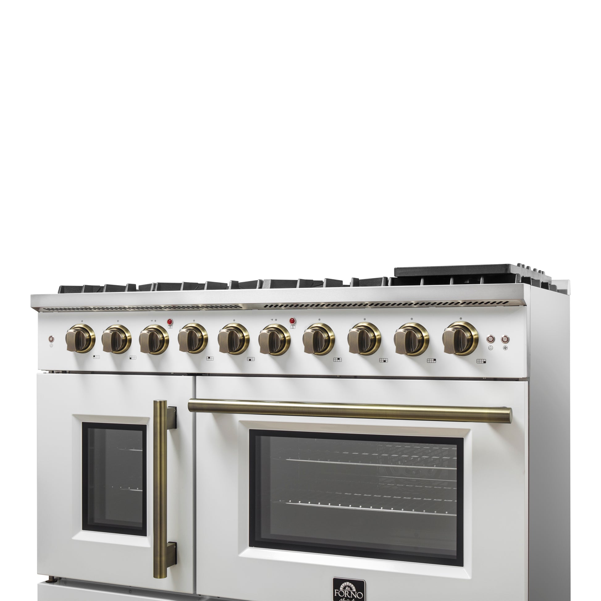 Forno Galiano 48-Inch Freestanding French Door Gas Range, White & Antique Brass - Forno Appliances