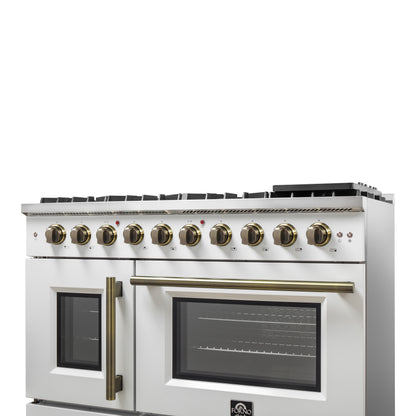 Forno Galiano 48-Inch Freestanding French Door Gas Range, White & Antique Brass - Forno Appliances