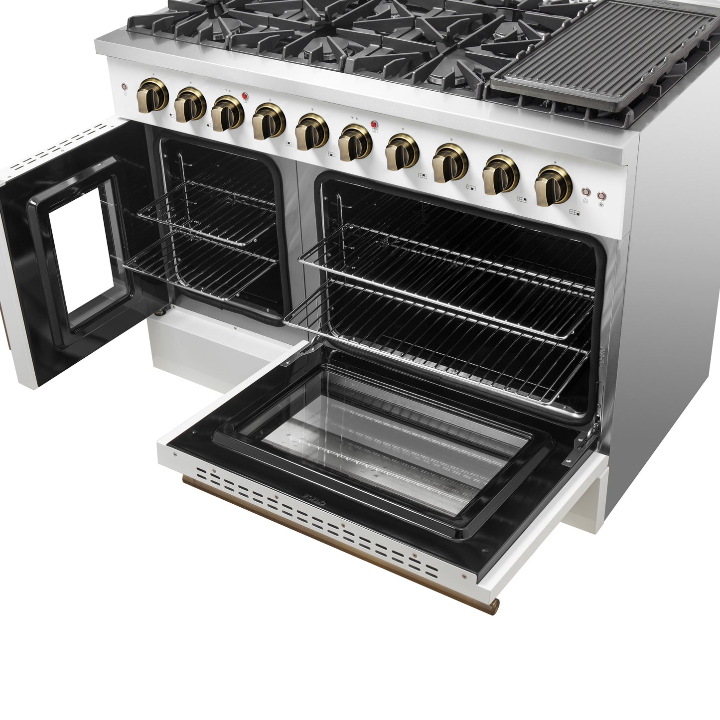 Forno Galiano 48-Inch Freestanding French Door Gas Range, White & Antique Brass - Forno Appliances