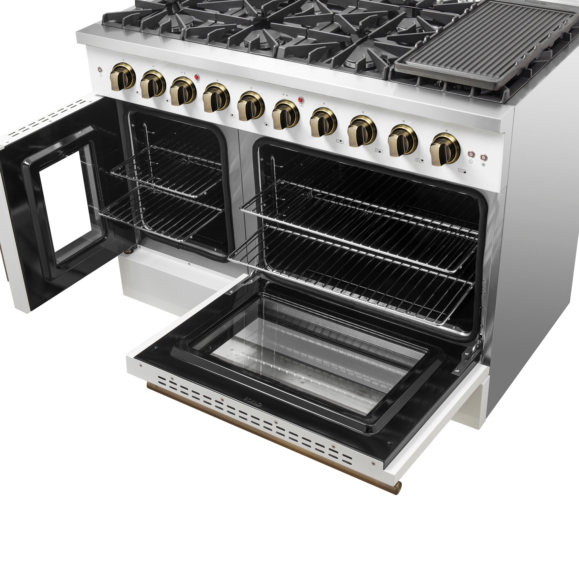 Forno Galiano 48-Inch Freestanding French Door Gas Range, White & Antique Brass - Forno Appliances