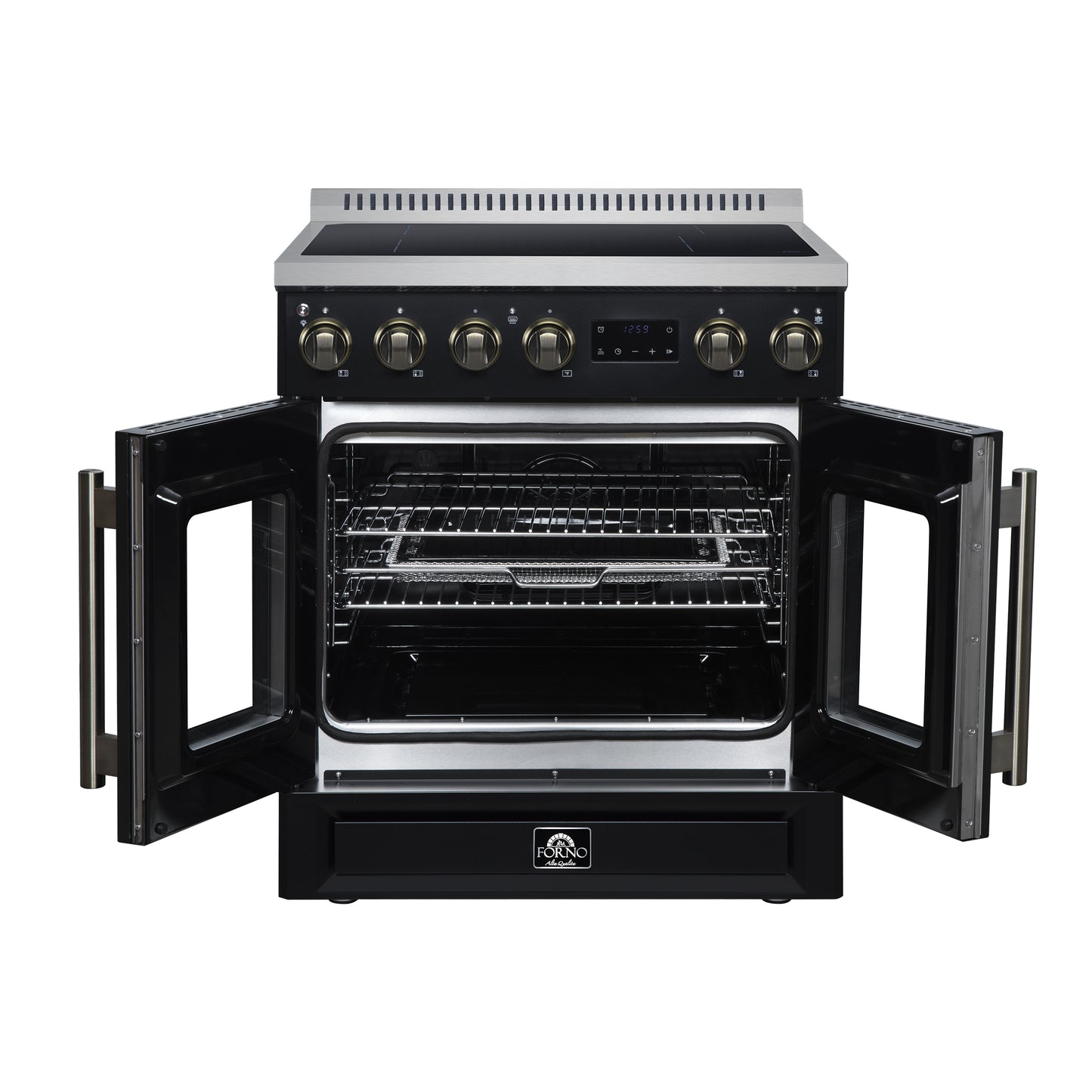 Torino French Door 30 Inch Induction Range with Air Fryer, Air Sous Vide & True Convection, Dual Broiler, Black - Forno Appliances