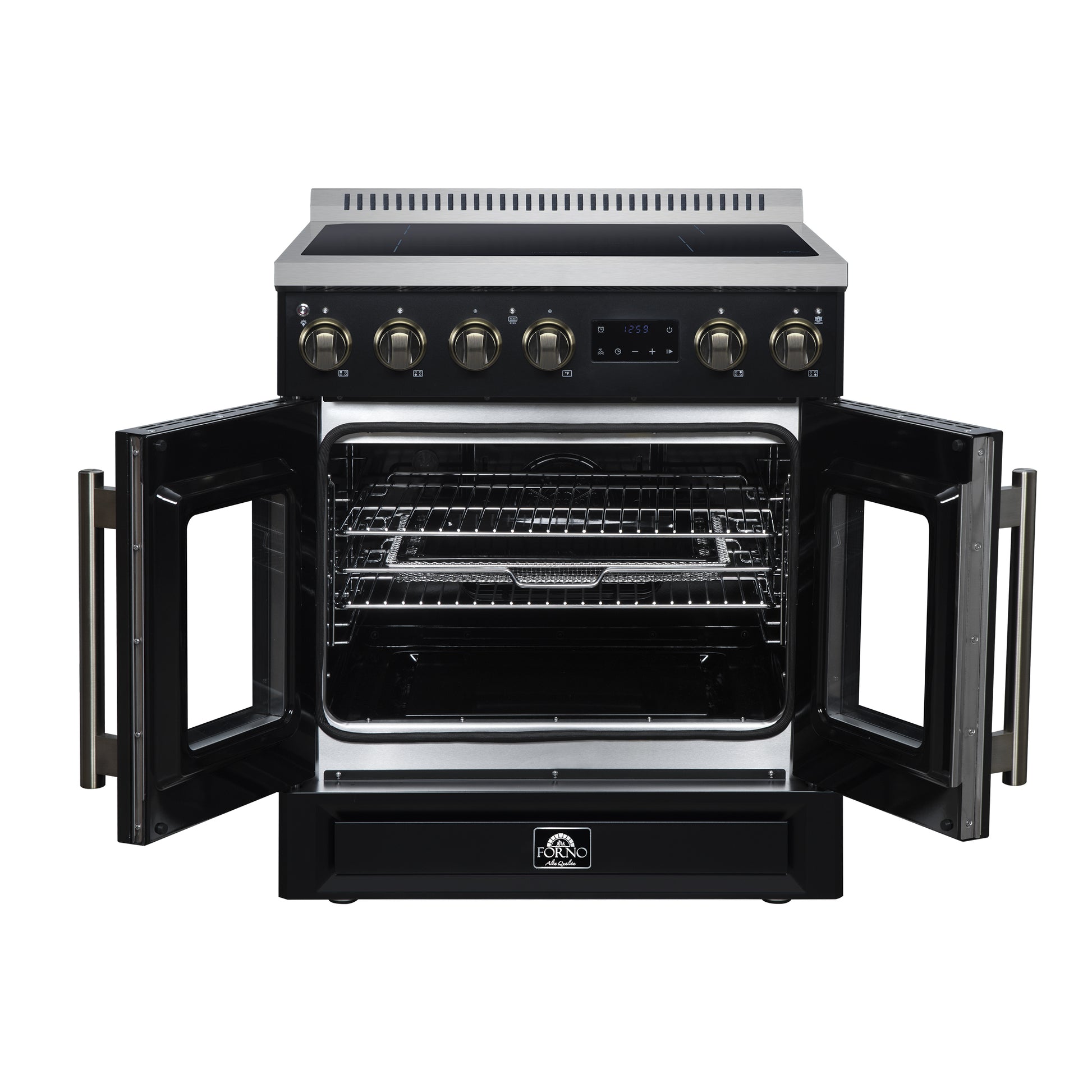 Torino French Door 30 Inch Induction Range with Air Fryer, Air Sous Vide & True Convection, Dual Broiler, Black - Forno Appliances