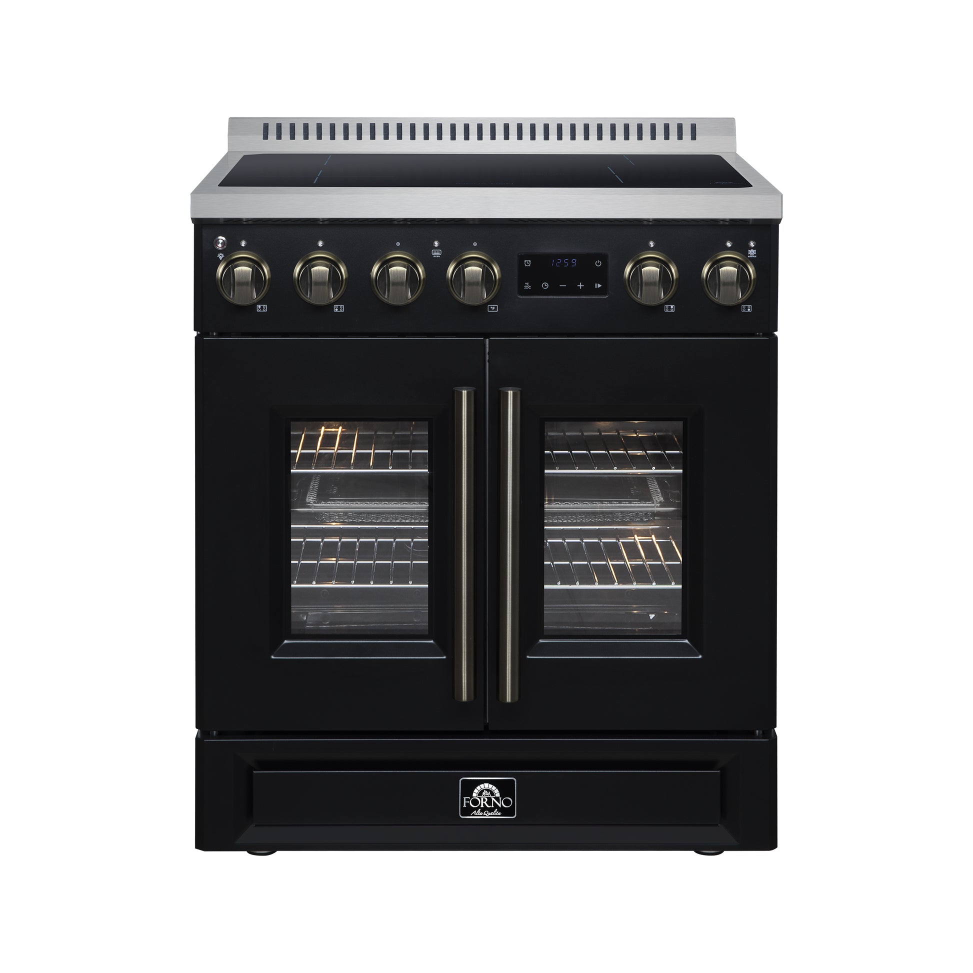 Torino French Door 30 Inch Induction Range with Air Fryer, Air Sous Vide & True Convection, Dual Broiler, Black - Forno Appliances
