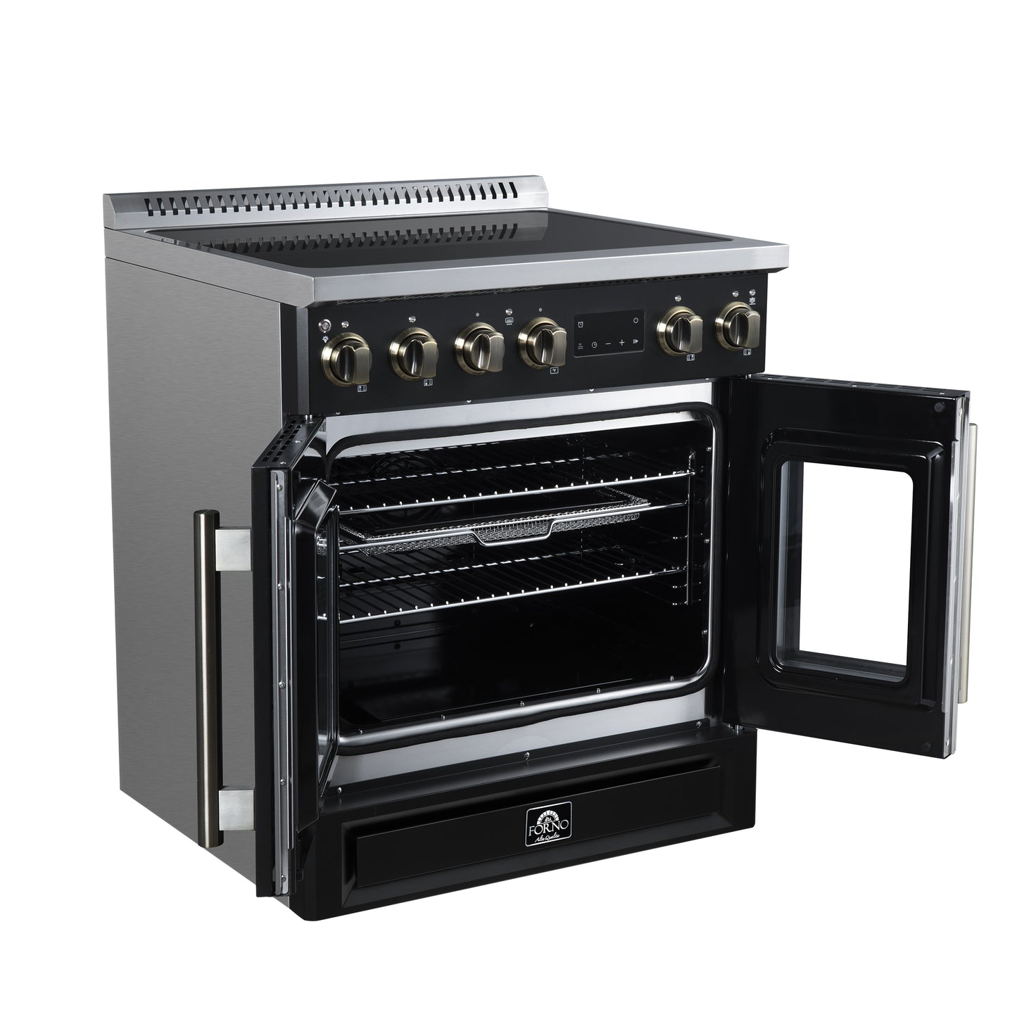 Torino French Door 30 Inch Induction Range with Air Fryer, Air Sous Vide & True Convection, Dual Broiler, Black - Forno Appliances