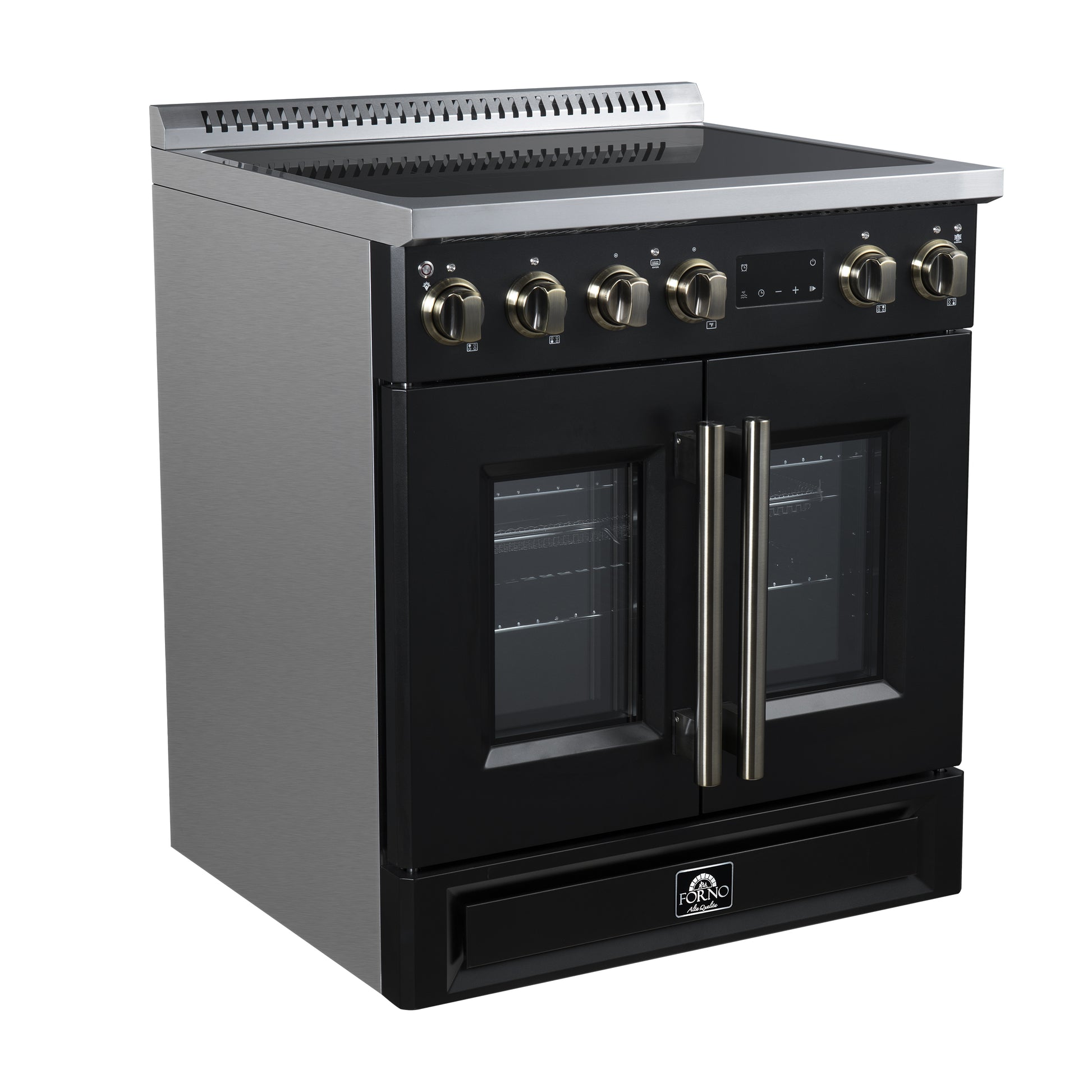 Torino French Door 30 Inch Induction Range with Air Fryer, Air Sous Vide & True Convection, Dual Broiler, Black - Forno Appliances