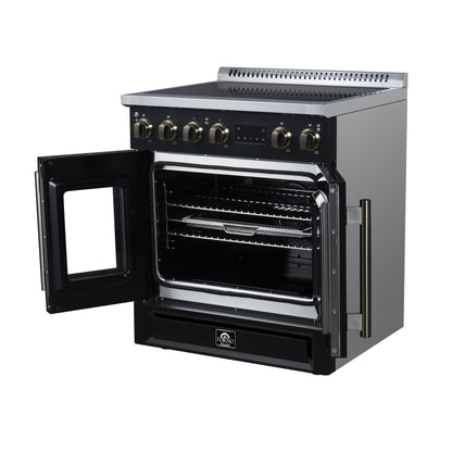 Torino French Door 30 Inch Induction Range with Air Fryer, Air Sous Vide & True Convection, Dual Broiler, Black - Forno Appliances