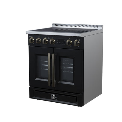 Torino French Door 30 Inch Induction Range with Air Fryer, Air Sous Vide & True Convection, Dual Broiler, Black - Forno Appliances
