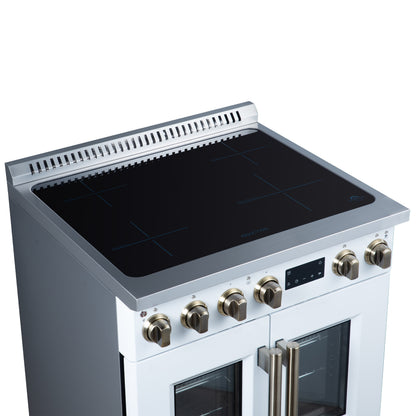 Torino French Door 30 Inch Induction Range with Air Fryer, Air Sous Vide & True Convection, Dual Broiler, White - Forno Appliances
