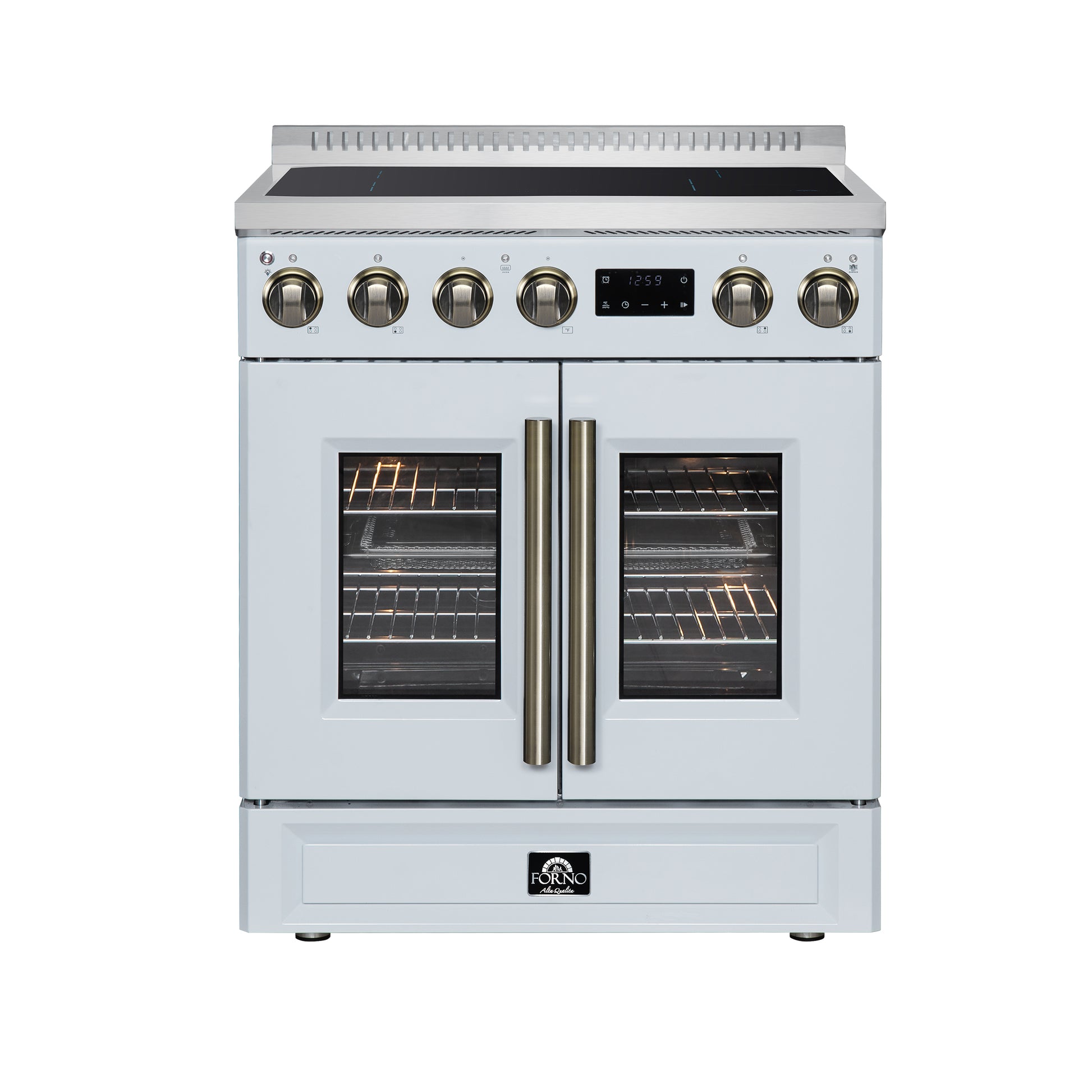Torino French Door 30 Inch Induction Range with Air Fryer, Air Sous Vide & True Convection, Dual Broiler, White - Forno Appliances