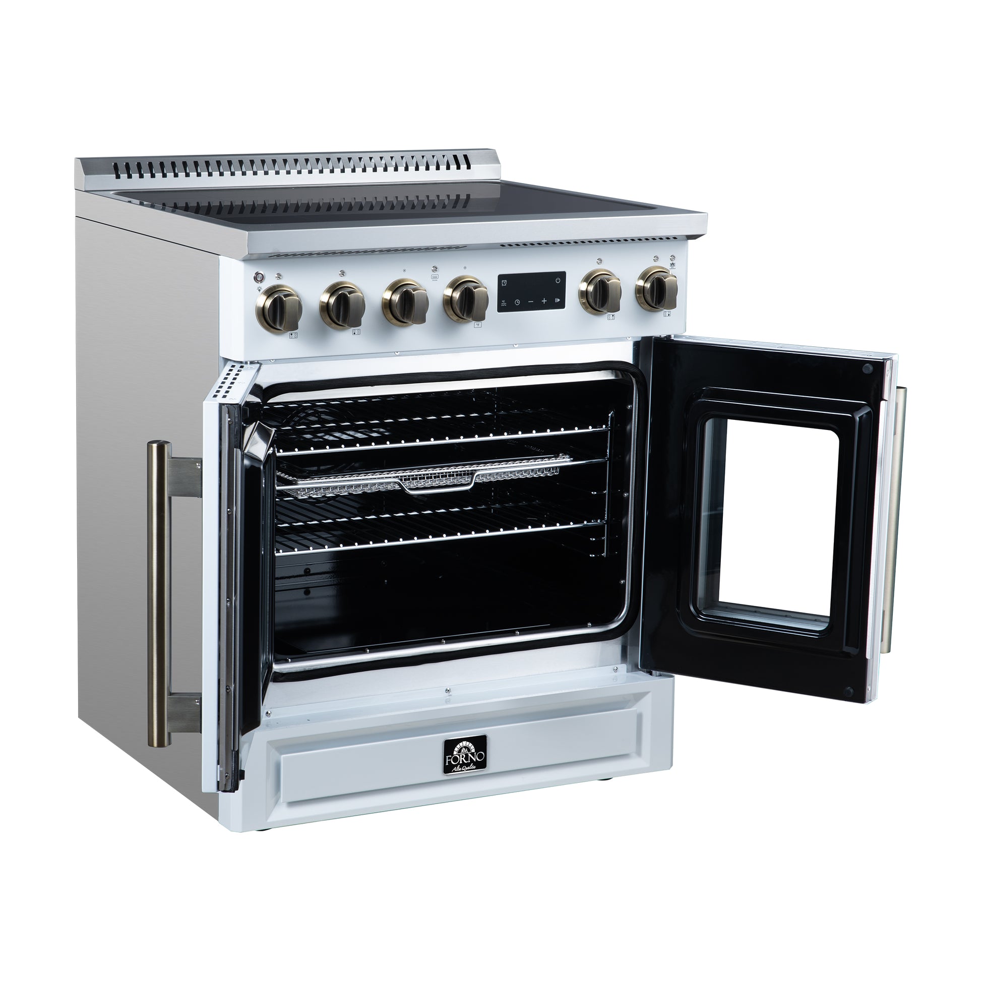 Torino French Door 30 Inch Induction Range with Air Fryer, Air Sous Vide & True Convection, Dual Broiler, White - Forno Appliances