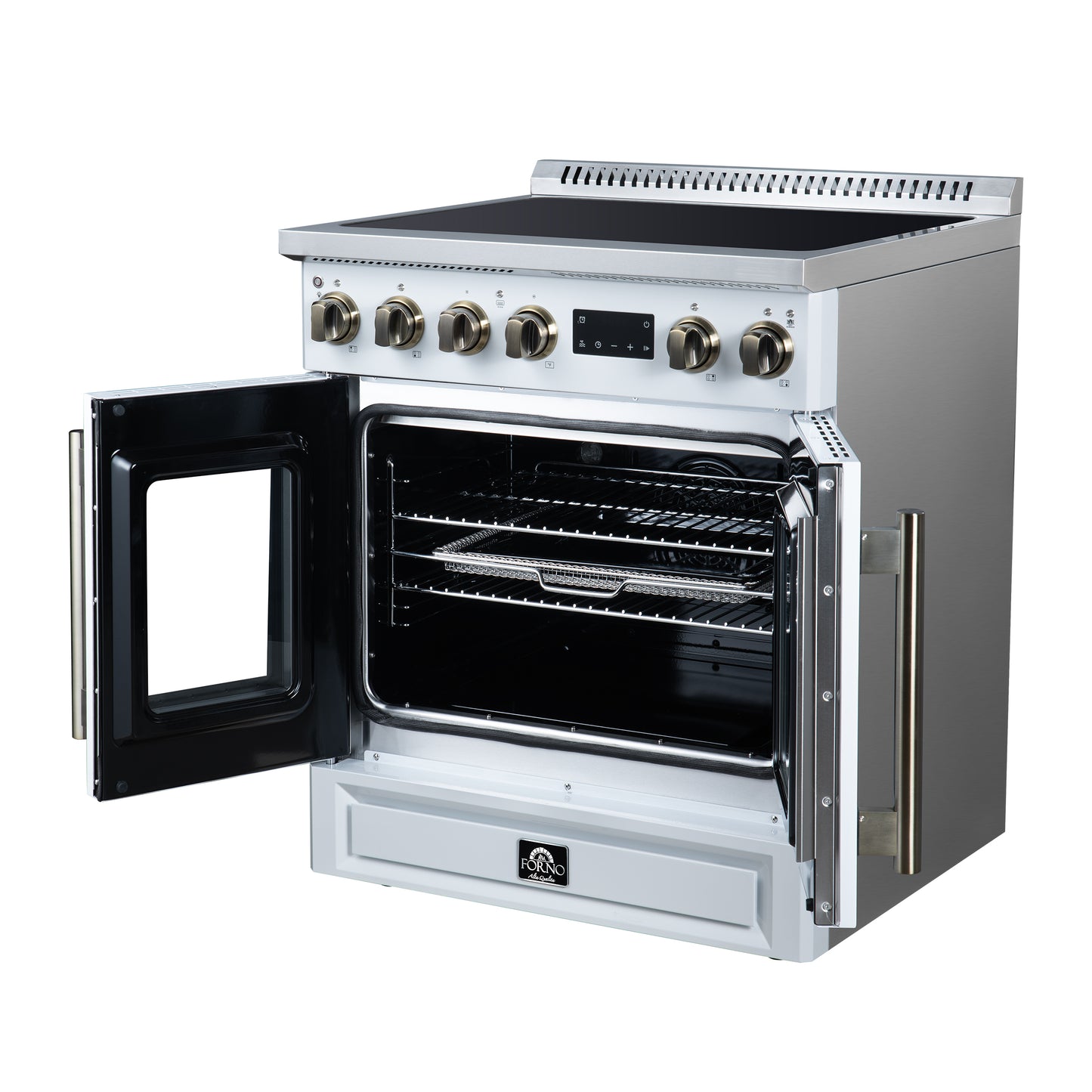 Torino French Door 30 Inch Induction Range with Air Fryer, Air Sous Vide & True Convection, Dual Broiler, White - Forno Appliances