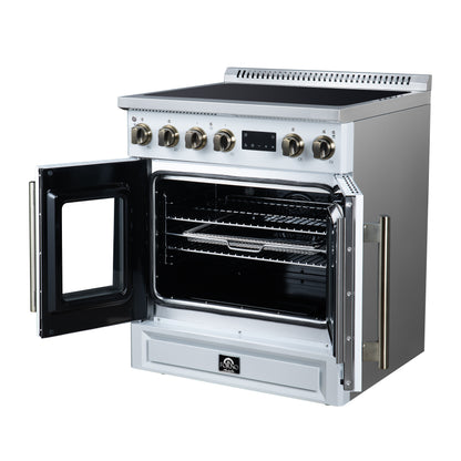 Torino French Door 30 Inch Induction Range with Air Fryer, Air Sous Vide & True Convection, Dual Broiler, White - Forno Appliances