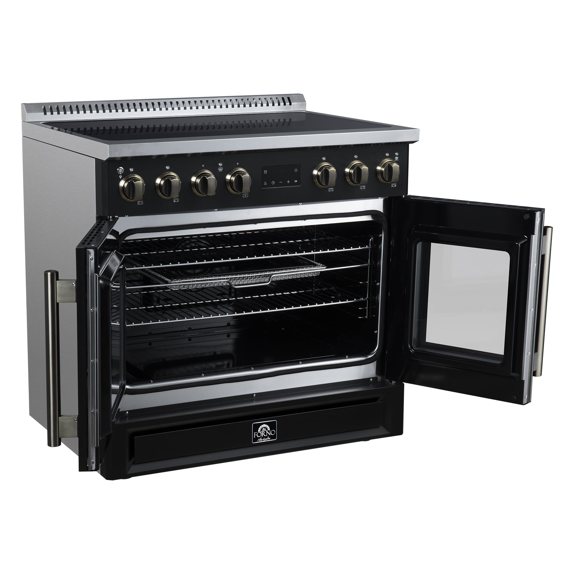 Torino French Door 36 Inch Induction Range with Air Fryer, Air Sous Vide & True Convection, Dual Broiler, Black - Forno Appliances